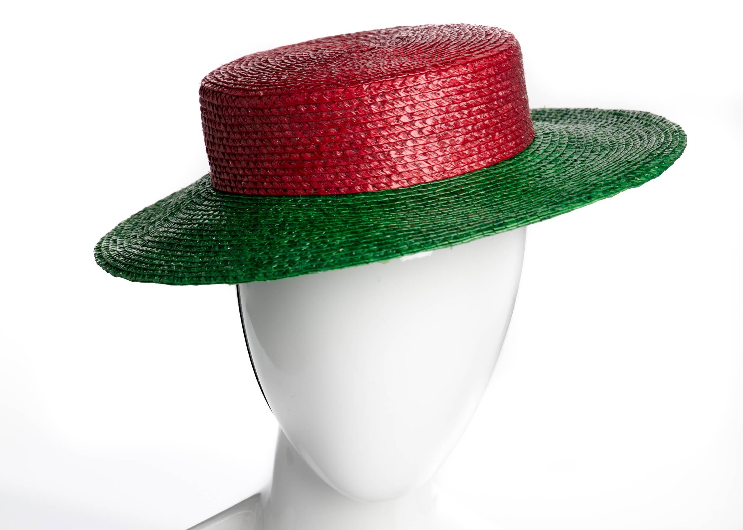 Women's 1980s Yves Saint Laurent YSL Vintage Glossy Red and Green Straw Hat 