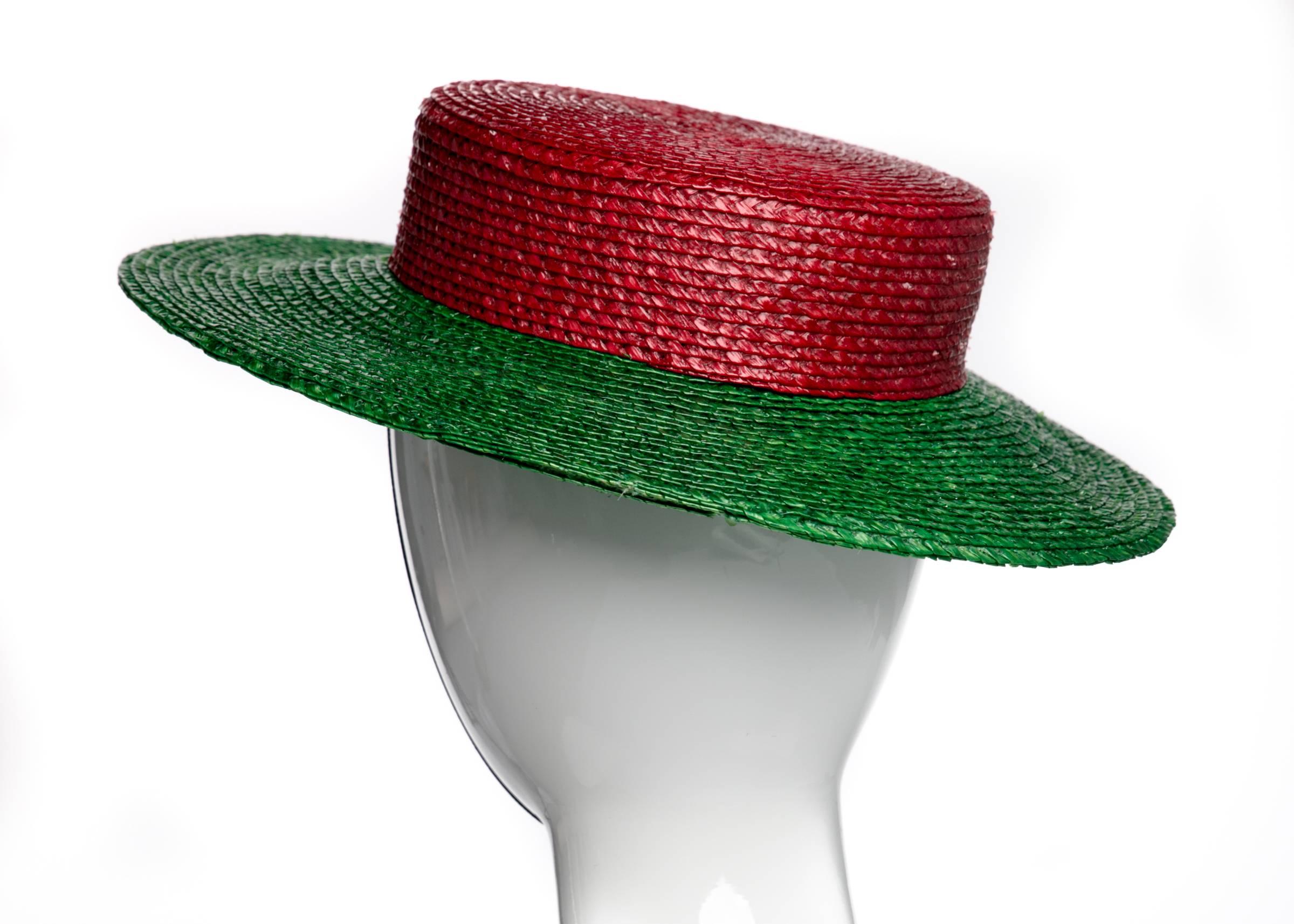 1980s Yves Saint Laurent YSL Vintage Glossy Red and Green Straw Hat  1