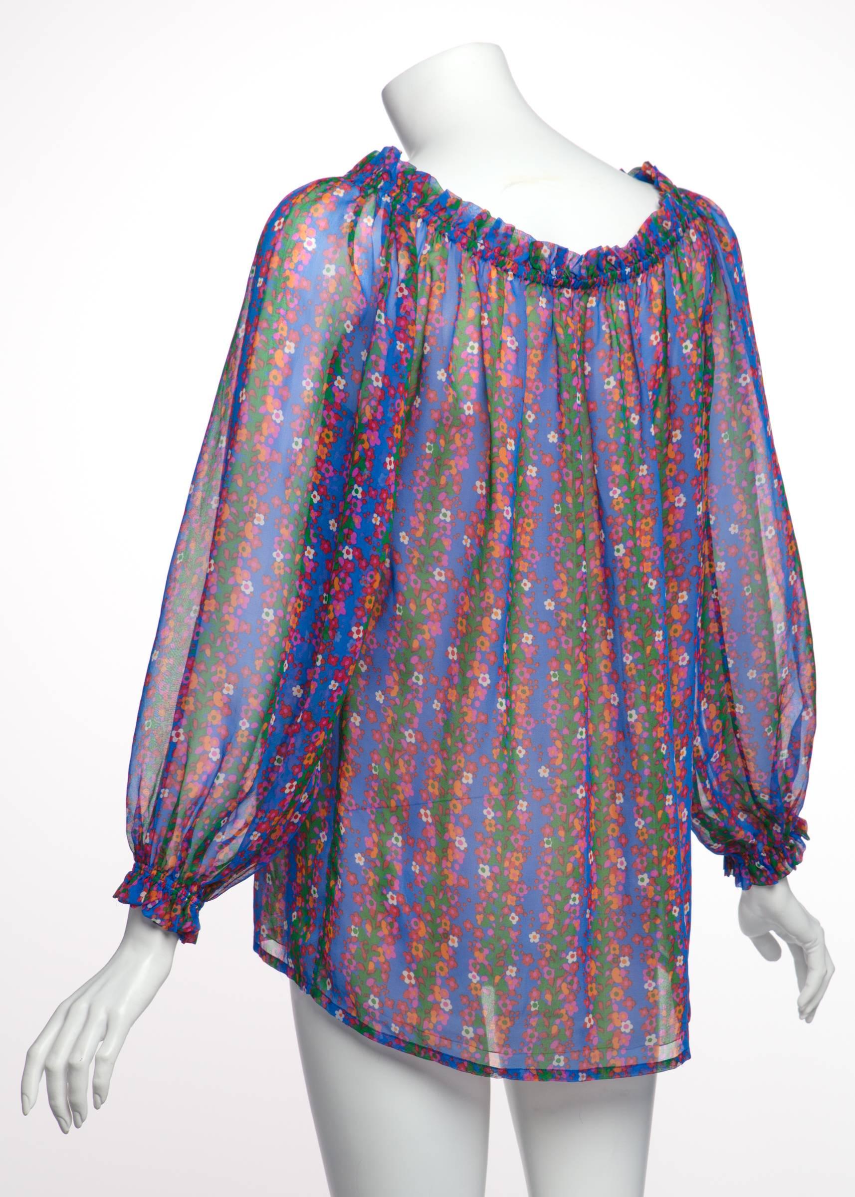 Gray 1977 Yves Saint Laurent Floral Silk Chiffon Peasant Blouse Documented YSL