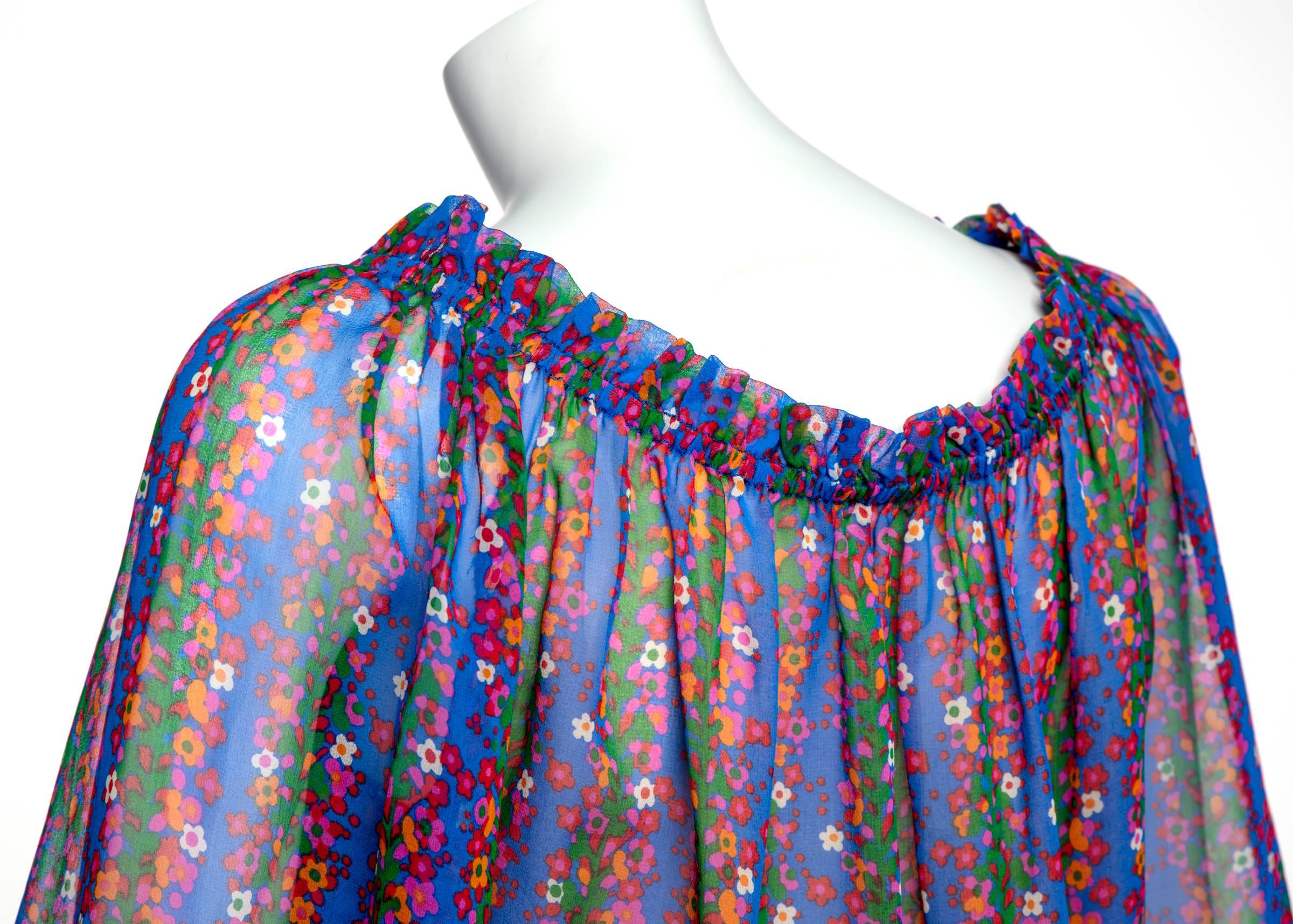 1977 Yves Saint Laurent Floral Silk Chiffon Peasant Blouse Documented YSL In Excellent Condition In Boca Raton, FL