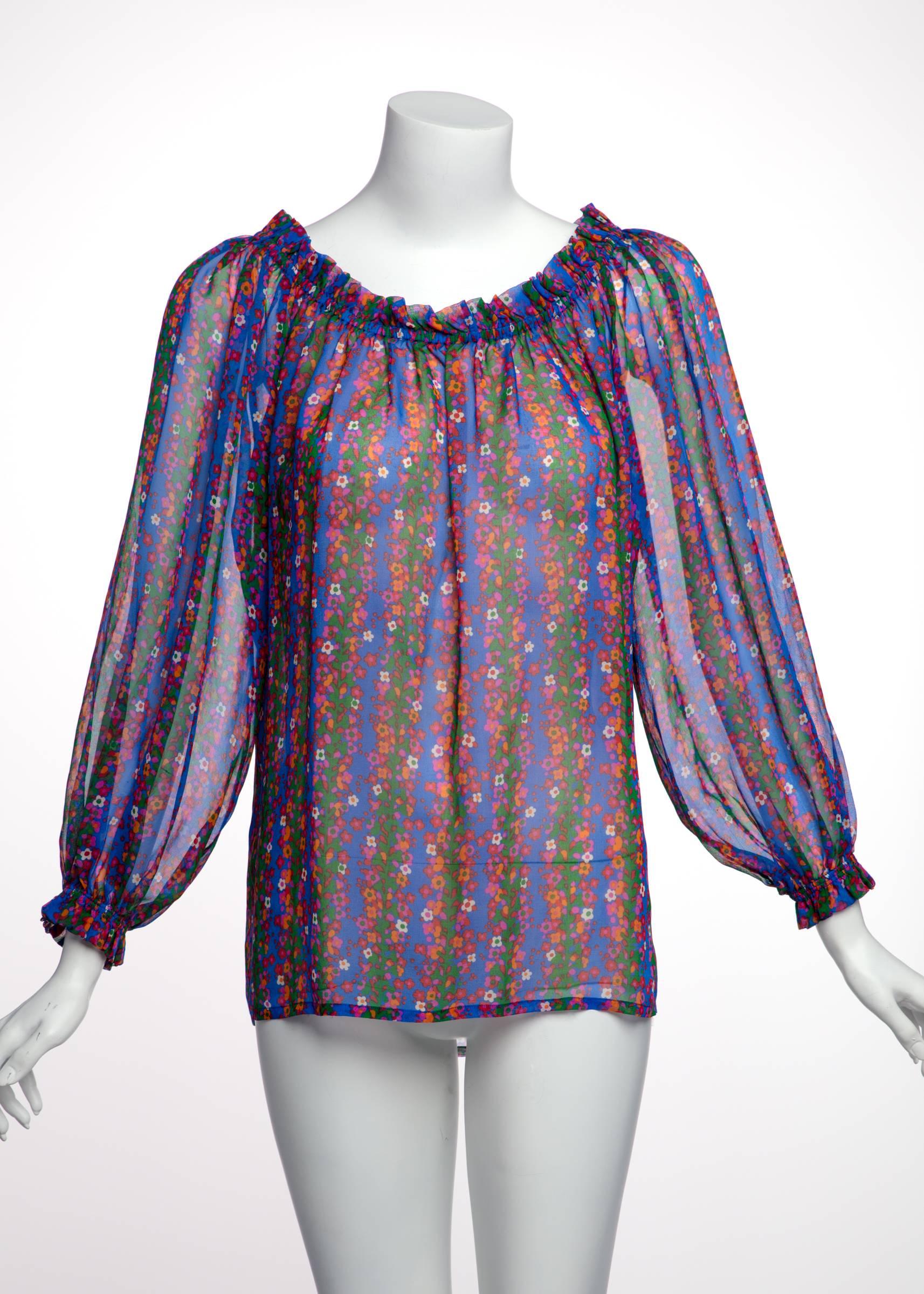 1977 Yves Saint Laurent Floral Silk Chiffon Peasant Blouse Documented YSL 1