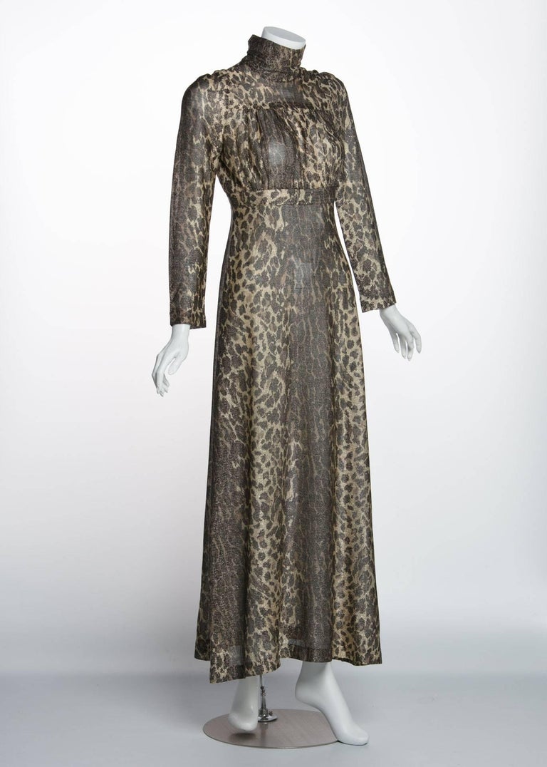 1970s Janice Wainwright Empire Waist Metallic Cheetah Print Maxi Dress ...