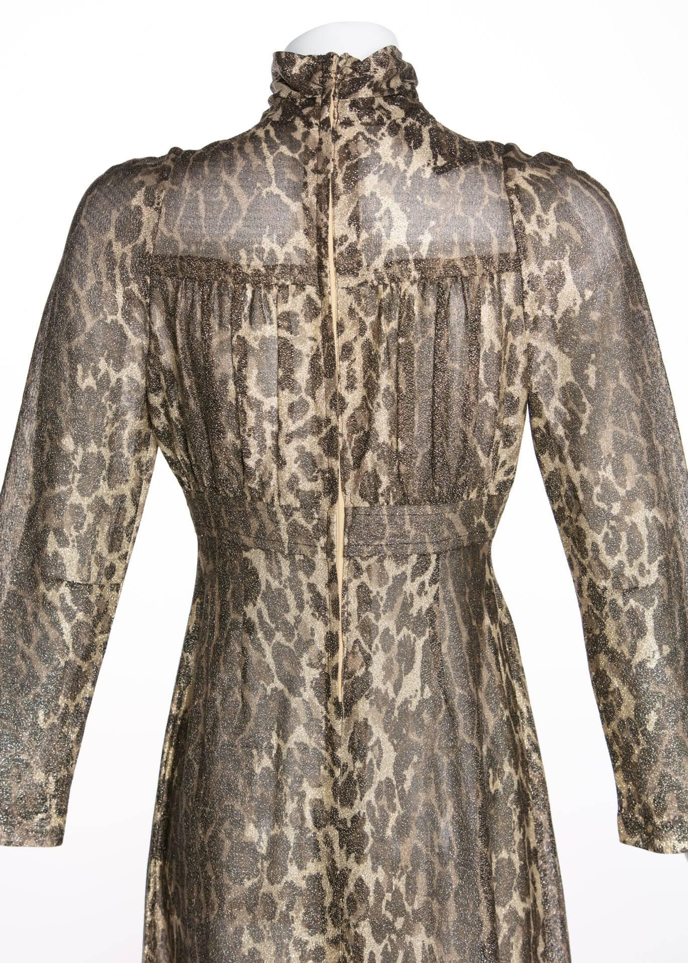 Gray 1970s Janice Wainwright Empire Waist Metallic Cheetah Print Maxi Dress For Sale