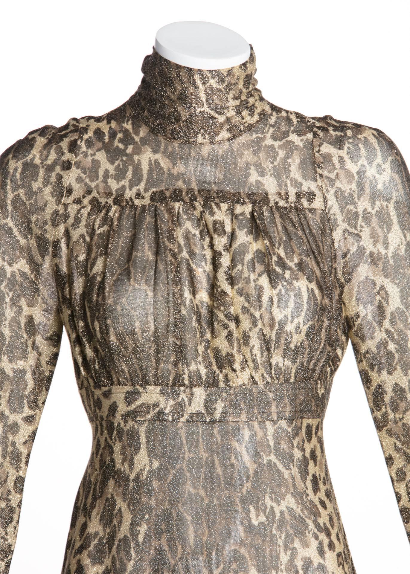 Women's 1970s Janice Wainwright Empire Waist Metallic Cheetah Print Maxi Dress For Sale