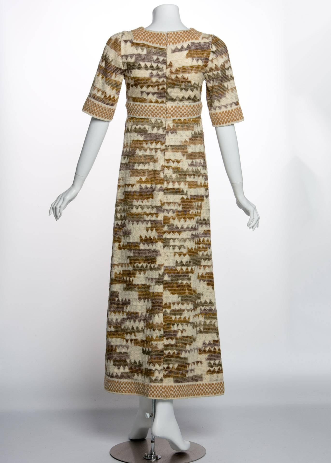 Women's 1970s Jean Varon Ombre Geometric Wool Knit Bohemian Low-Cut Plunge Maxi Dress