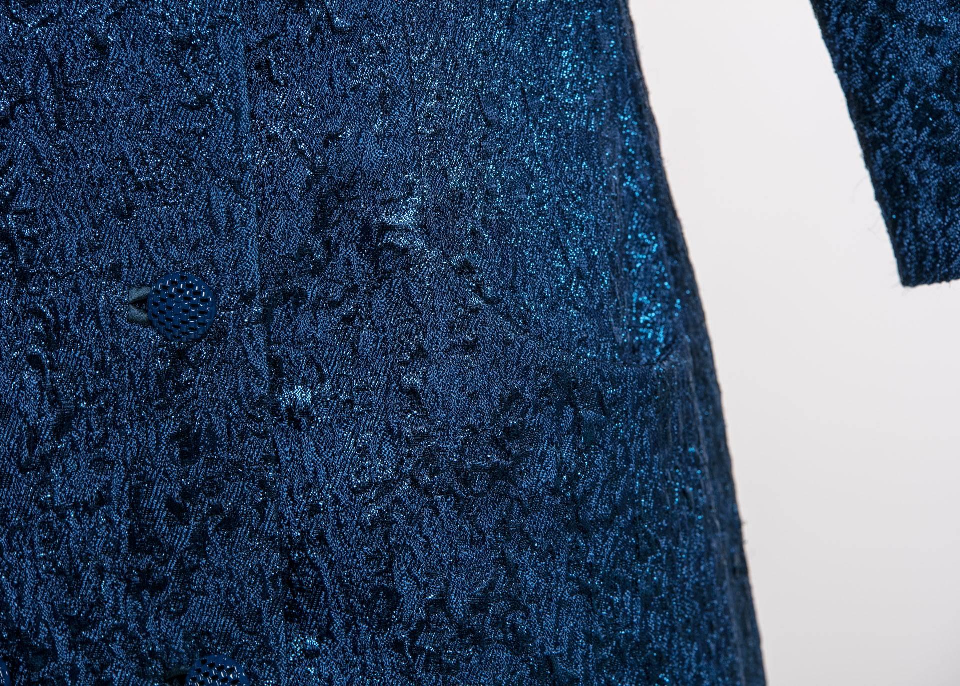 Balenciaga Edition Couture Sapphire Blue Matelassé Princess Seam Evening Coat In Good Condition For Sale In Boca Raton, FL