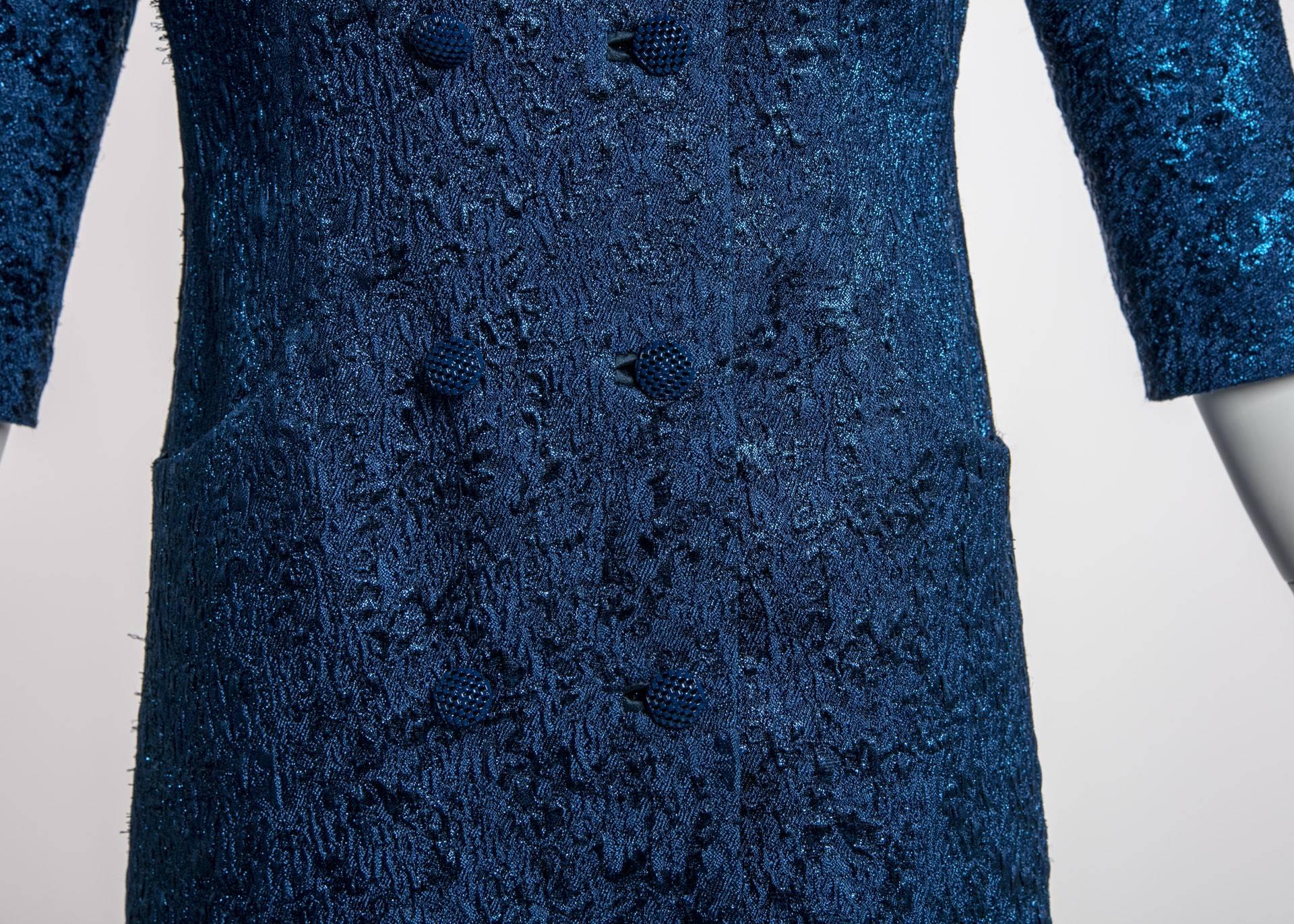 Balenciaga Edition Couture Sapphire Blue Matelassé Princess Seam Evening Coat For Sale 1