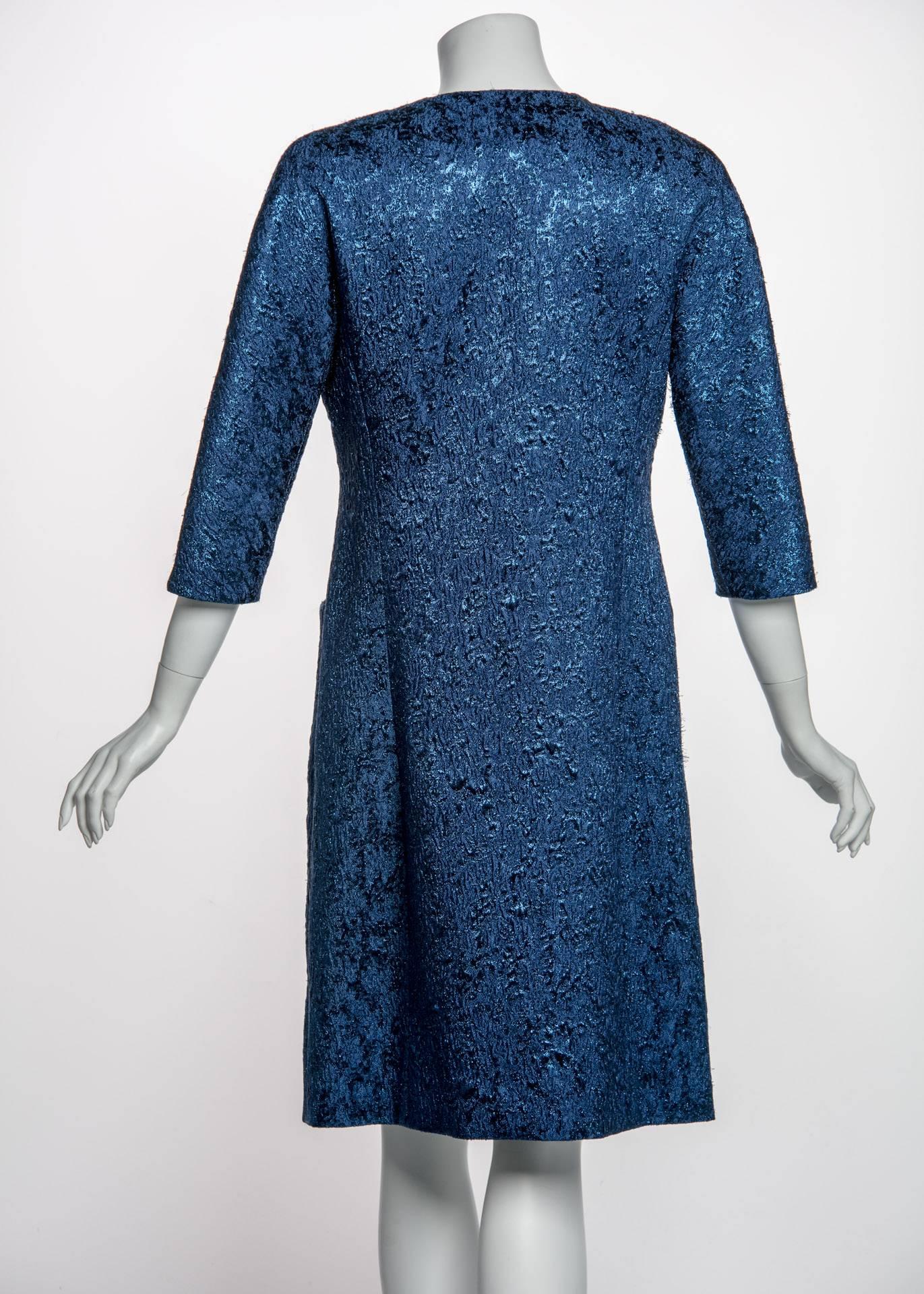 Balenciaga Edition Couture Sapphire Blue Matelassé Princess Seam Evening Coat For Sale 2