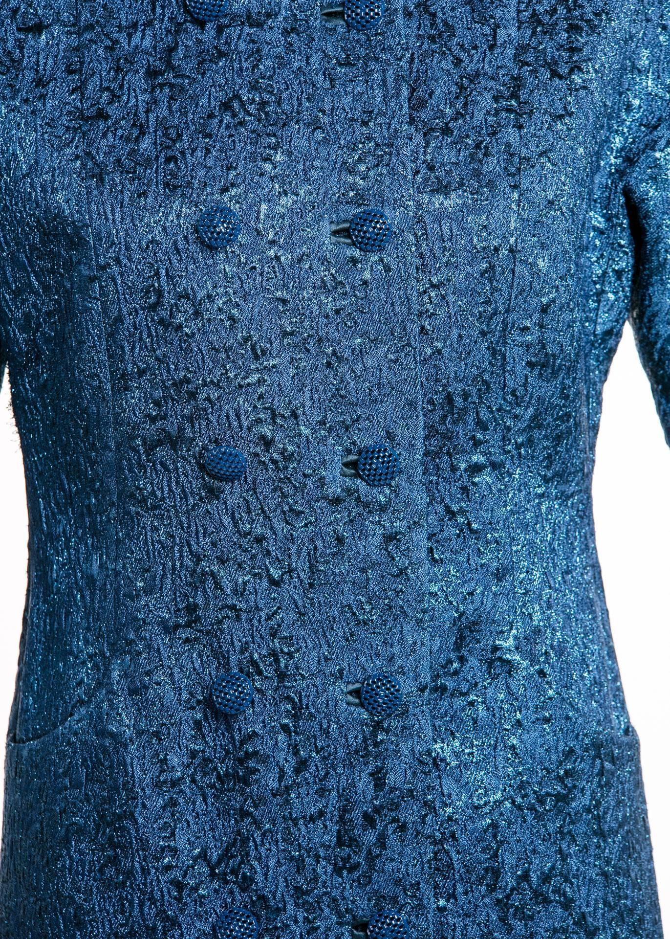 Balenciaga Edition Couture Sapphire Blue Matelassé Princess Seam Evening Coat For Sale 3
