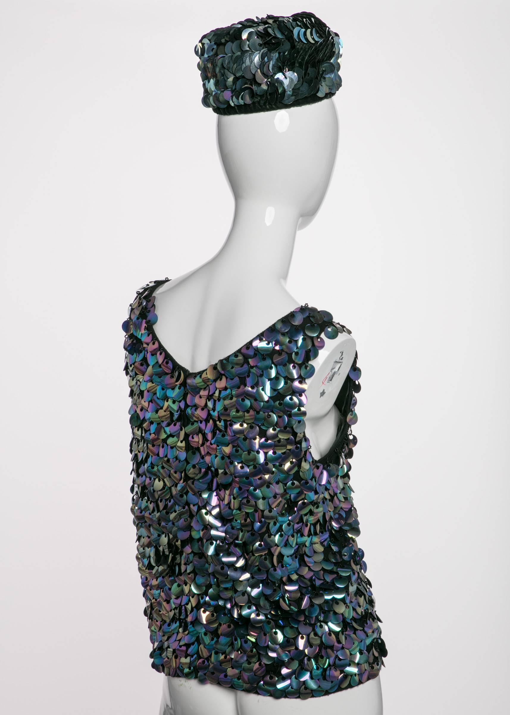 Black 1960s Midnight Paillette Sequin Wool Hat and Sleeveless Sweater Set For Sale