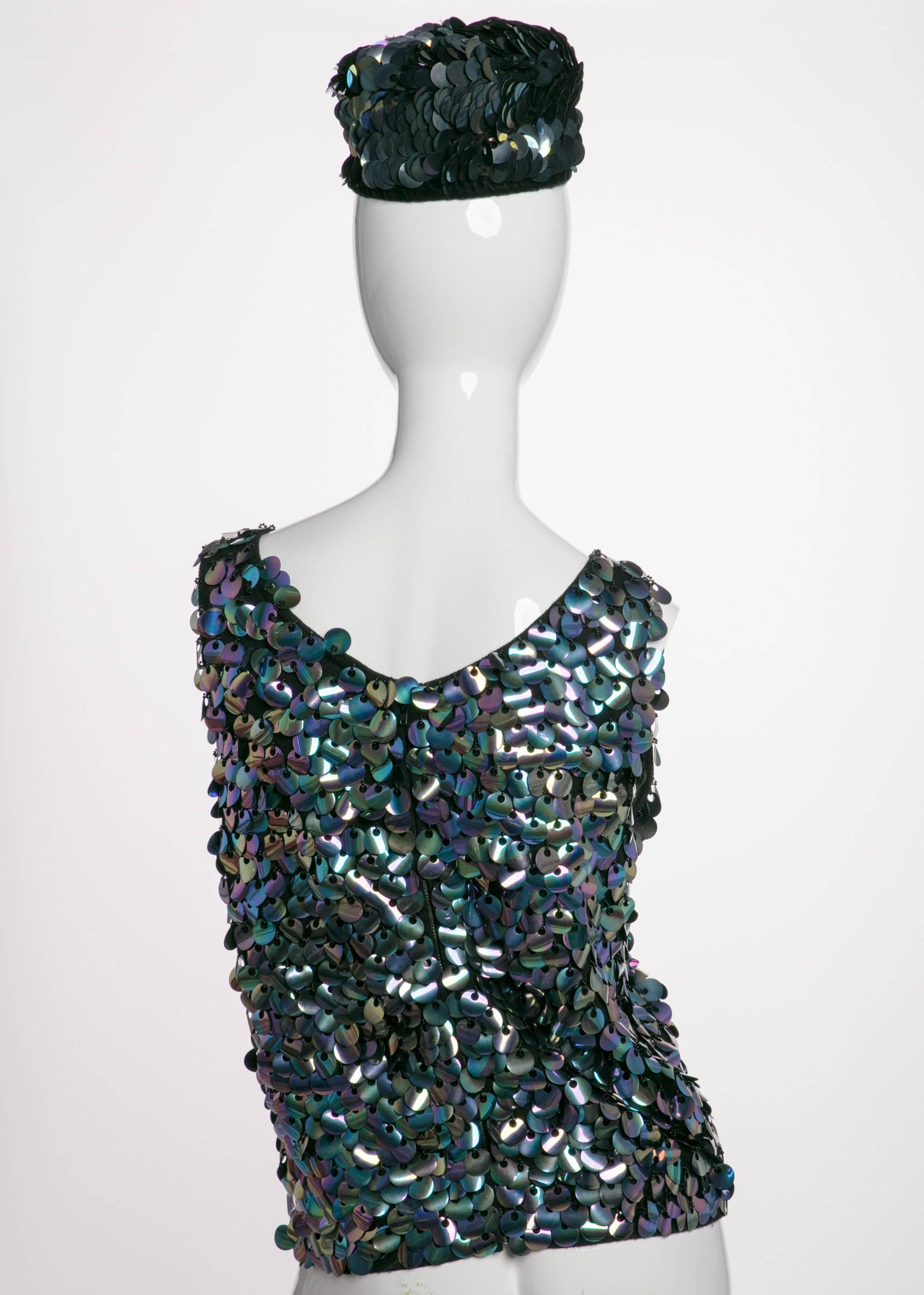1960s Midnight Paillette Sequin Wool Hat and Sleeveless Sweater Set In Excellent Condition For Sale In Boca Raton, FL