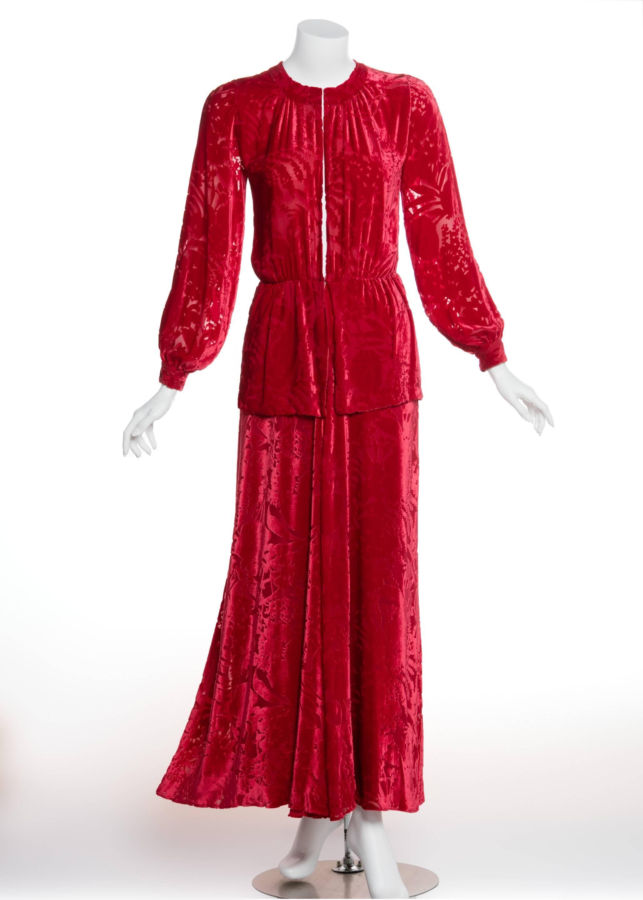 1970s Thea Porter Couture Red Silk Velvet Dress In Excellent Condition In Boca Raton, FL