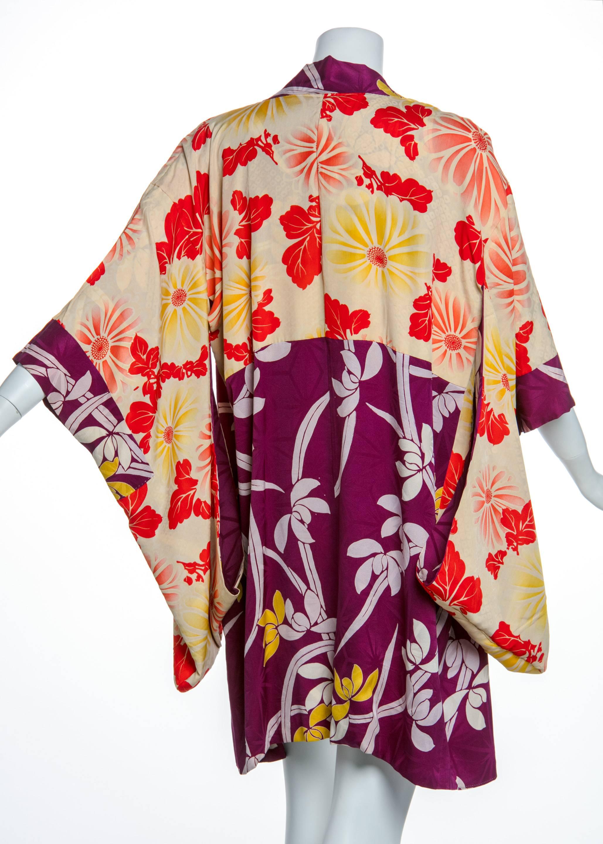 Men's 1940s Japanese Colorful Floral Printed Silk Kimono Jacket 