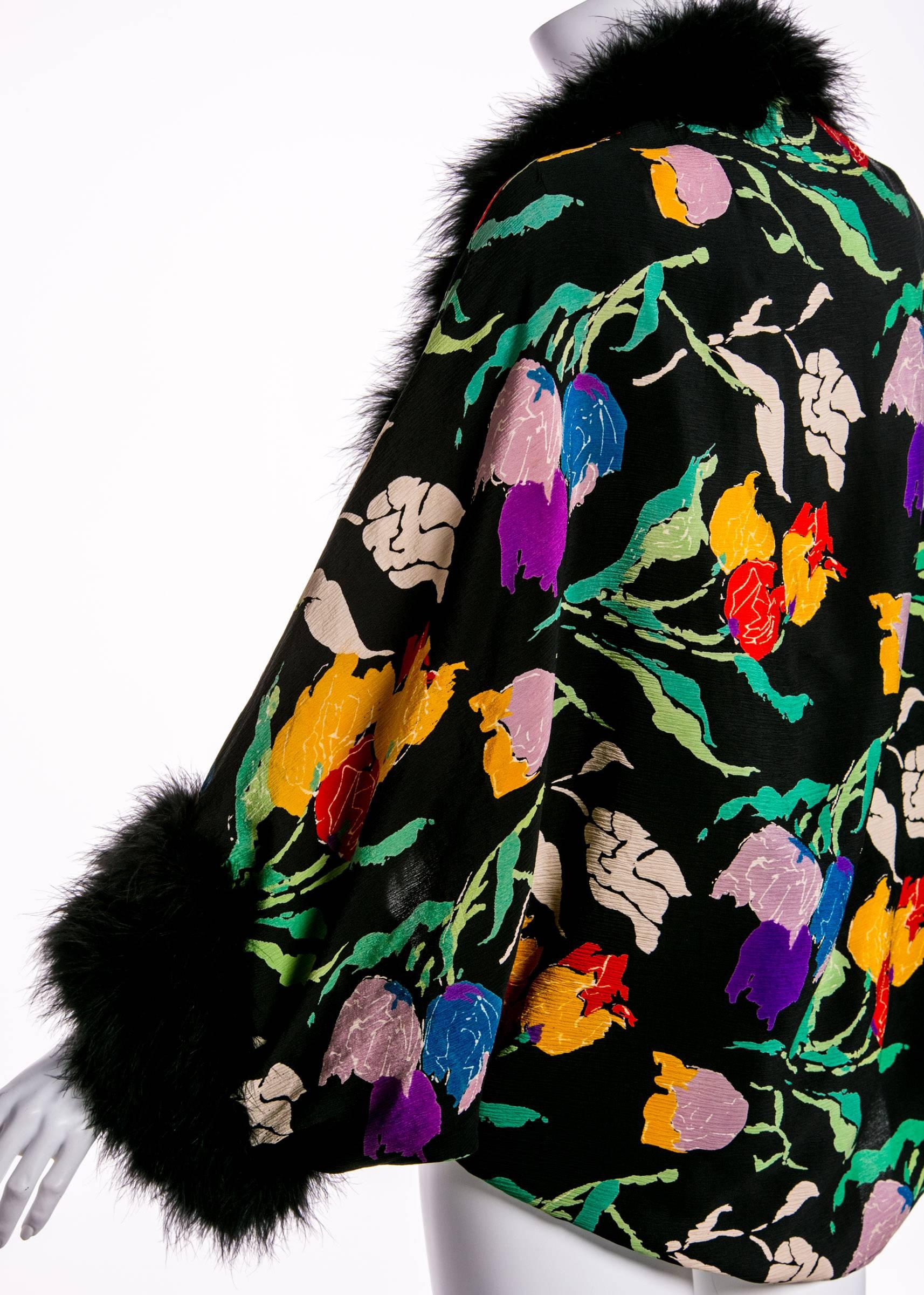 Black 1930s  Floral Silk Crepe & Marabou Feather Dolman Sleeve Cocoon Evening jacket
