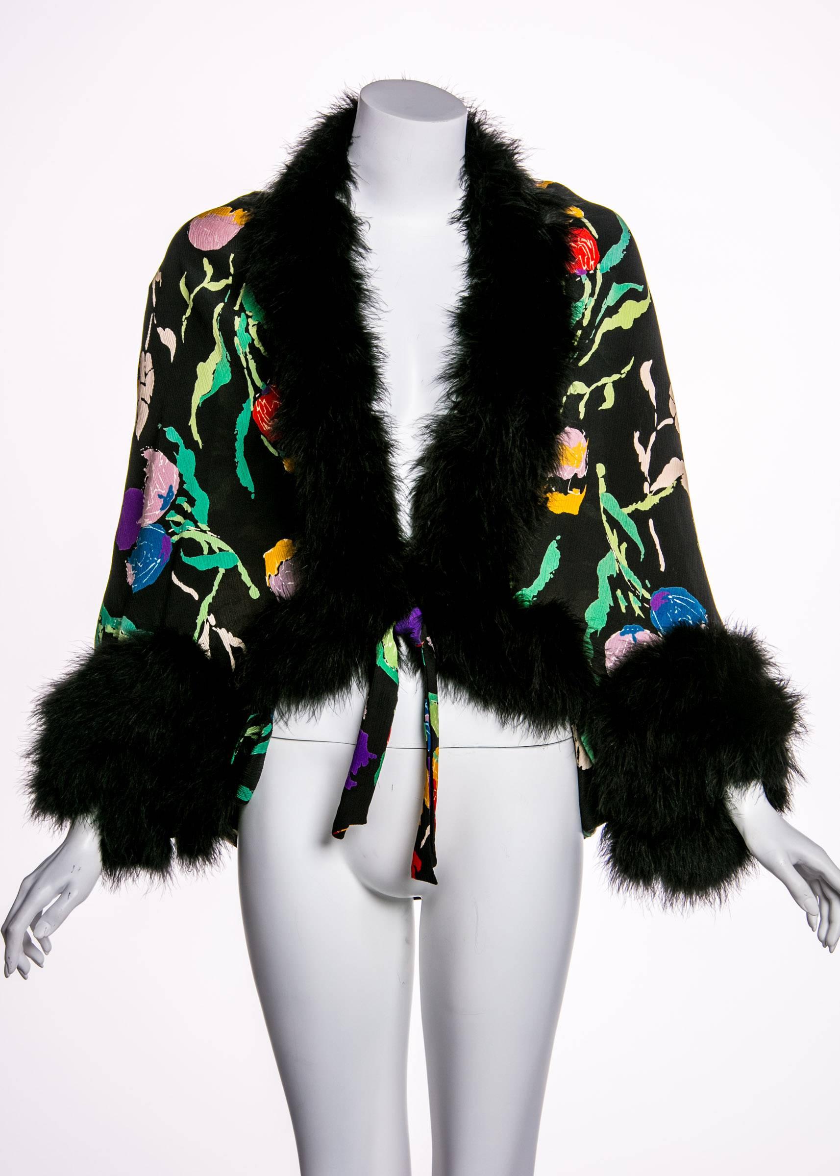 1930s  Floral Silk Crepe & Marabou Feather Dolman Sleeve Cocoon Evening jacket In Excellent Condition In Boca Raton, FL