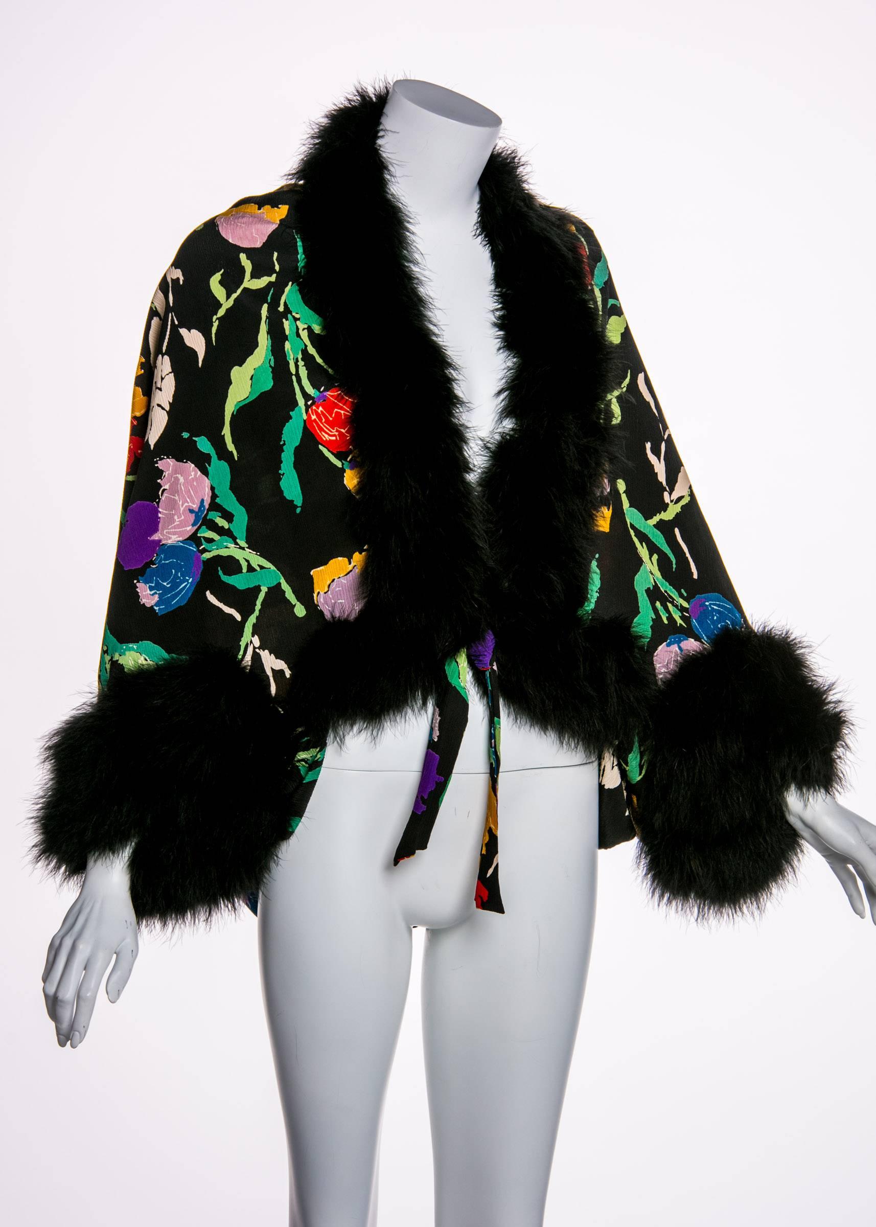Women's 1930s  Floral Silk Crepe & Marabou Feather Dolman Sleeve Cocoon Evening jacket
