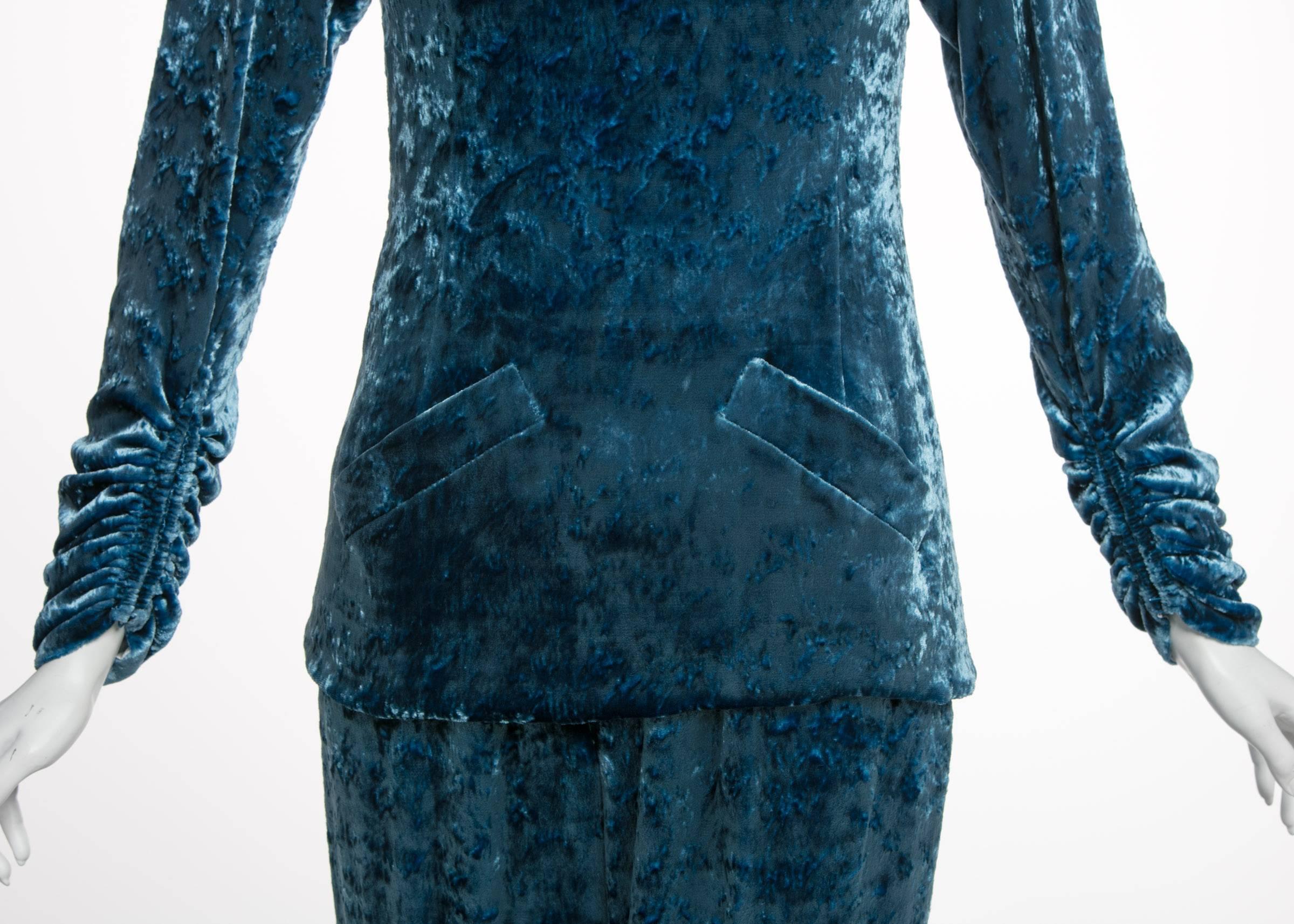 Women's Galanos Couture Blue Velvet Evening Tunic Top Pants Suit, 1980s 