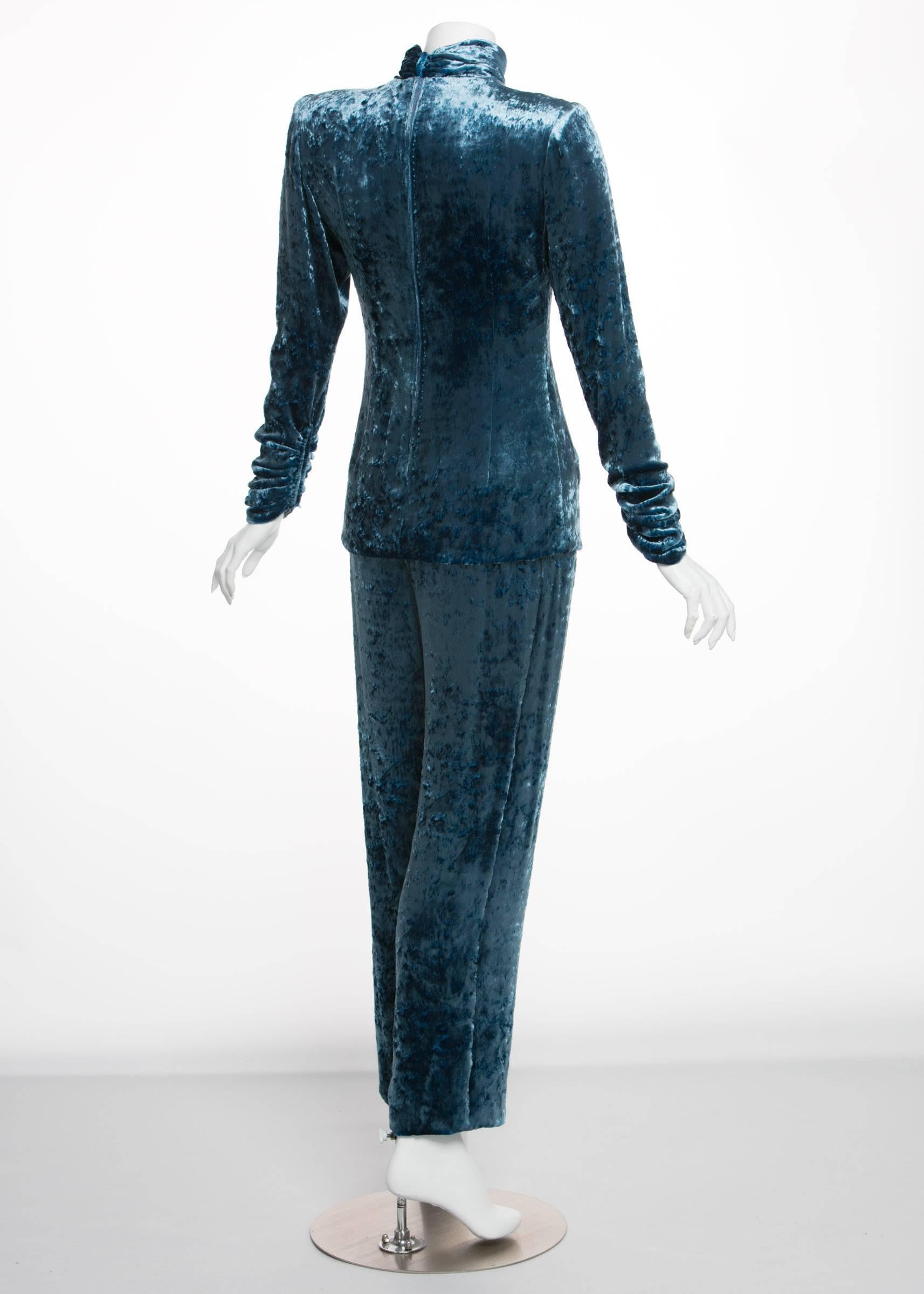 Galanos Couture Blue Velvet Evening Tunic Top Pants Suit, 1980s  In Excellent Condition In Boca Raton, FL