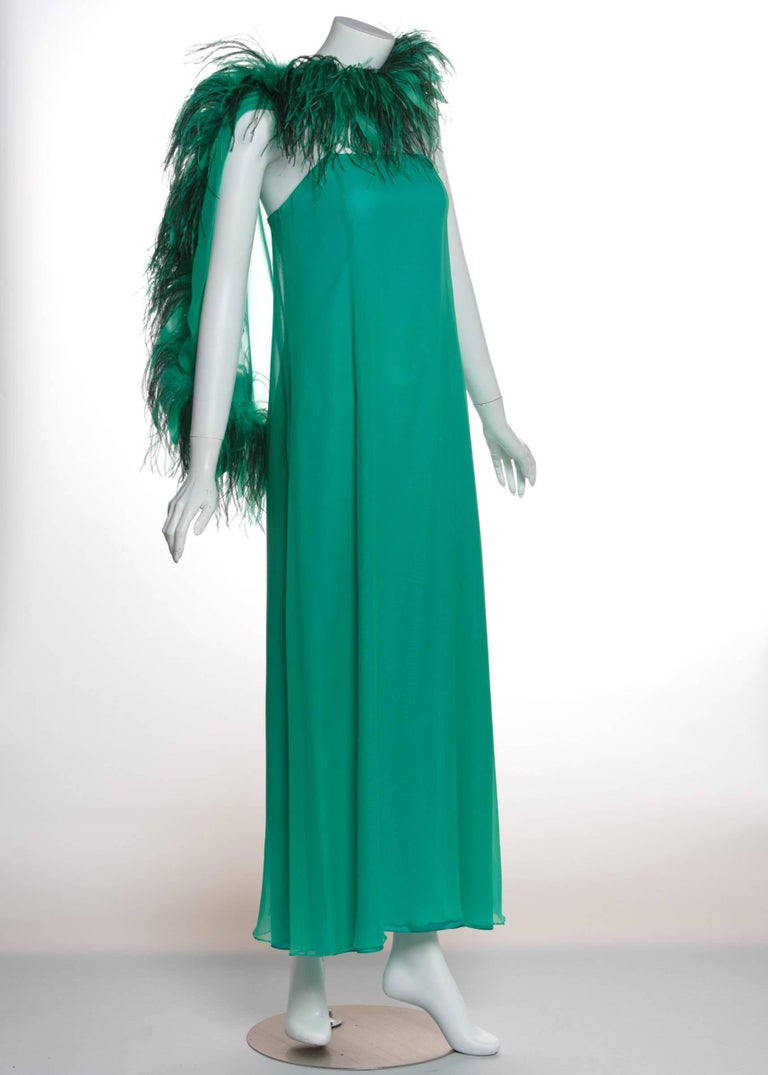 1970s Malcolm Starr Emerald Green Chiffon Gown and Ostrich Feather Cape ...