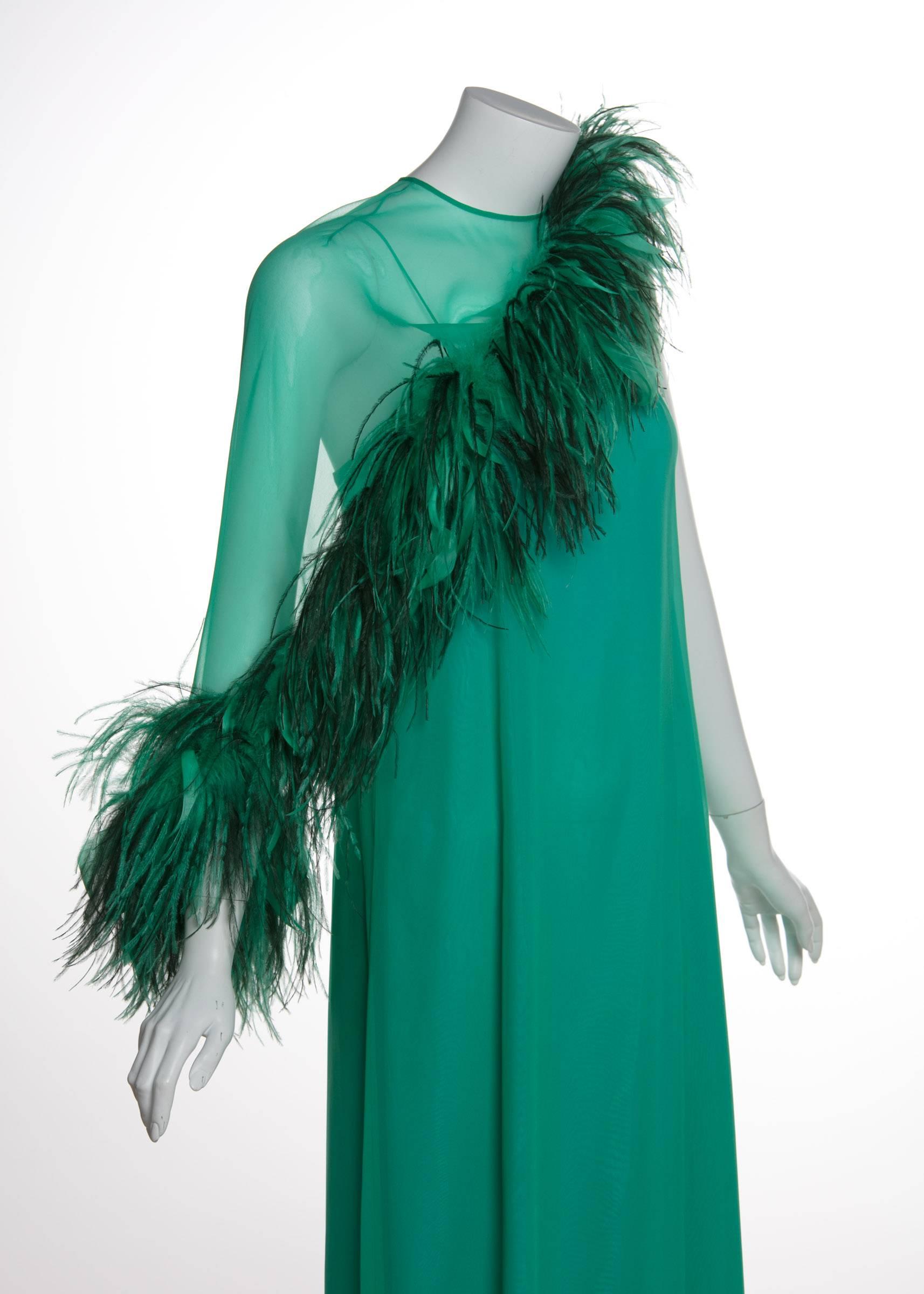 1970s Malcolm Starr Emerald Green Chiffon Gown & Ostrich Feather Cape Set In Good Condition In Boca Raton, FL