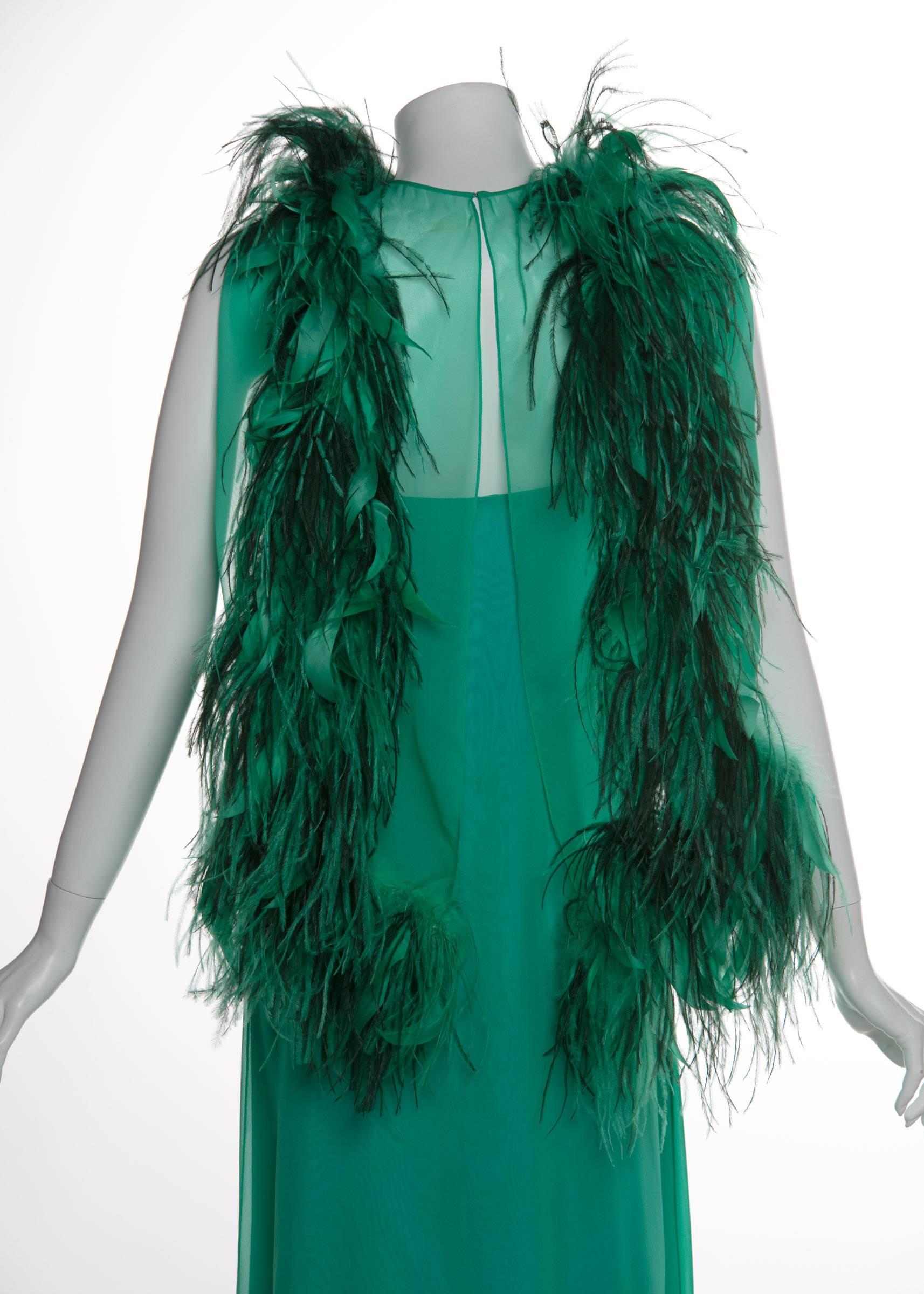 Women's 1970s Malcolm Starr Emerald Green Chiffon Gown & Ostrich Feather Cape Set