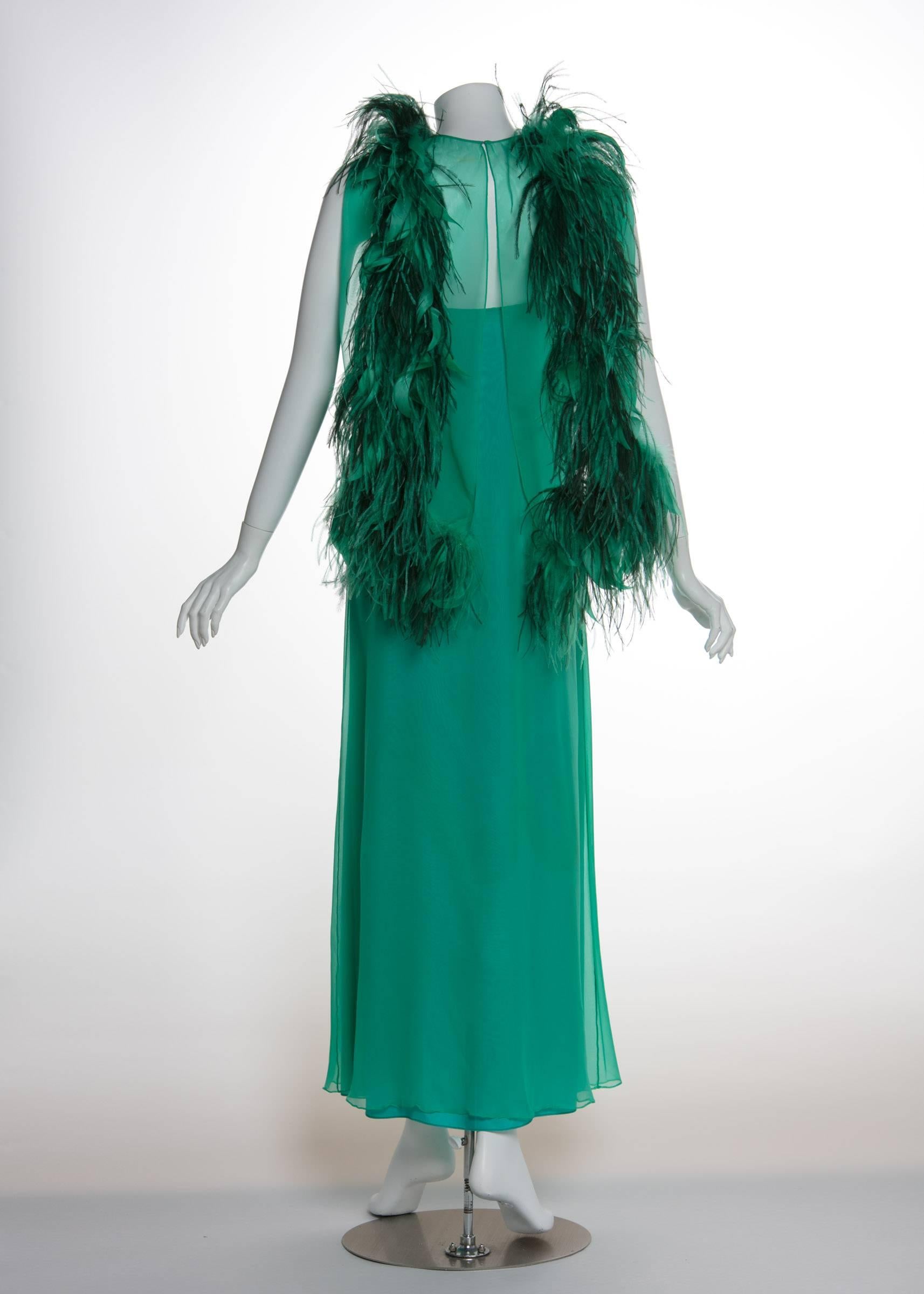 1970s Malcolm Starr Emerald Green Chiffon Gown & Ostrich Feather Cape Set 1