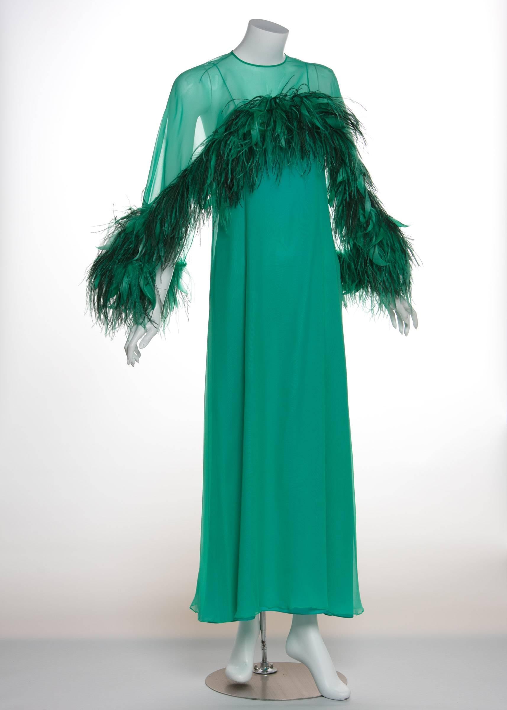 1970s Malcolm Starr Emerald Green Chiffon Gown & Ostrich Feather Cape Set 2