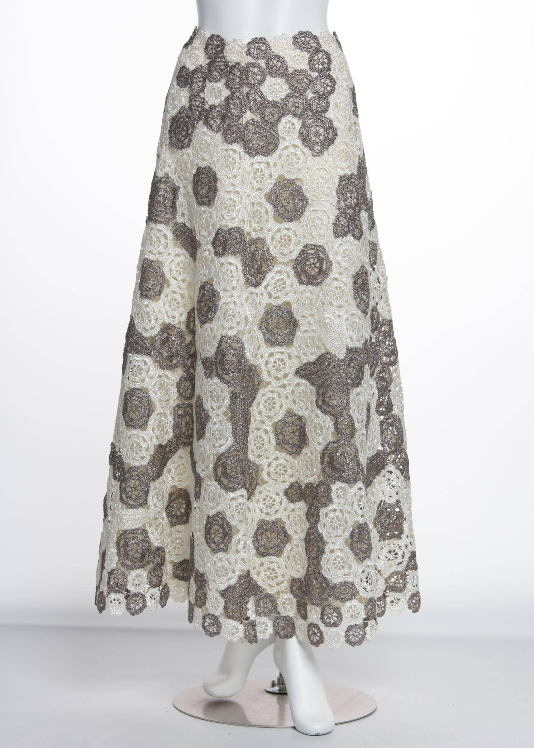 Women's  Vintage Anna Giovannozzi Italy Grey White Floral Crochet Raffia Maxi Skirt