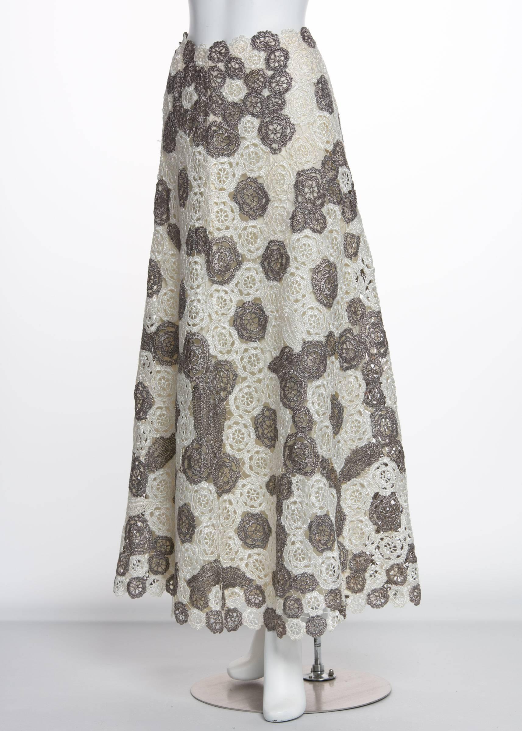  Vintage Anna Giovannozzi Italy Grey White Floral Crochet Raffia Maxi Skirt 1