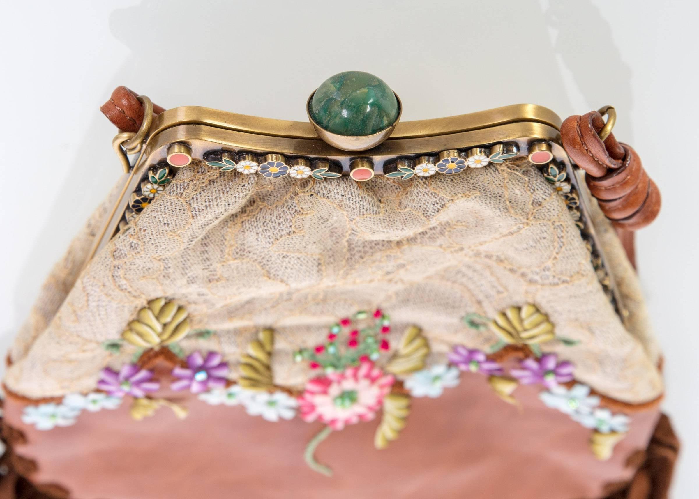 Brown Valentino Leather Lace Floral Enamel Fringe Shoulder Bag