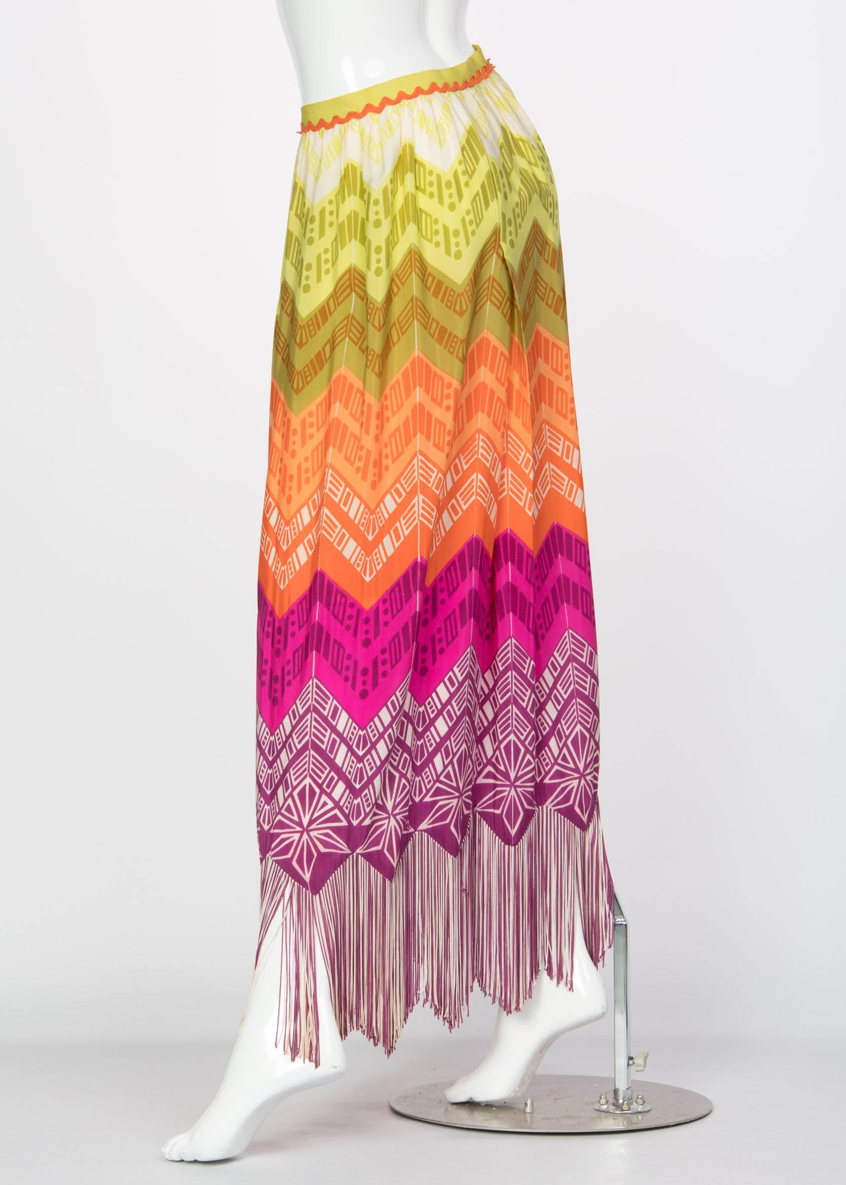 Brown Lanvin Silk Rainbow Multicolor Print Fringe Maxi Skirt, 1970s