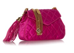1990s Chanel Pink Quilted Satin Leather Gold Chain Tassel Shoulder Bag