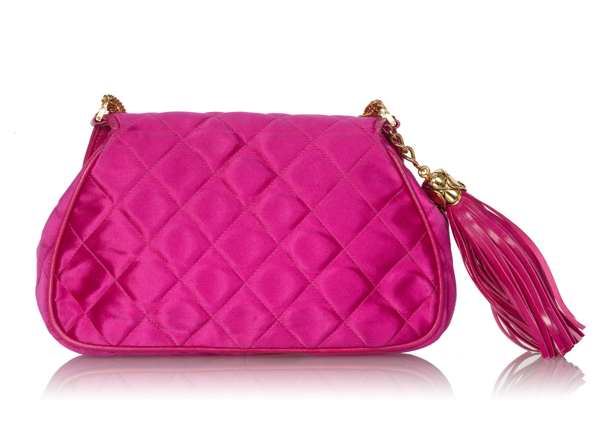 1990s Chanel Pink Quilted Satin Leather Gold Chain Tassel Shoulder Bag In Excellent Condition In Boca Raton, FL