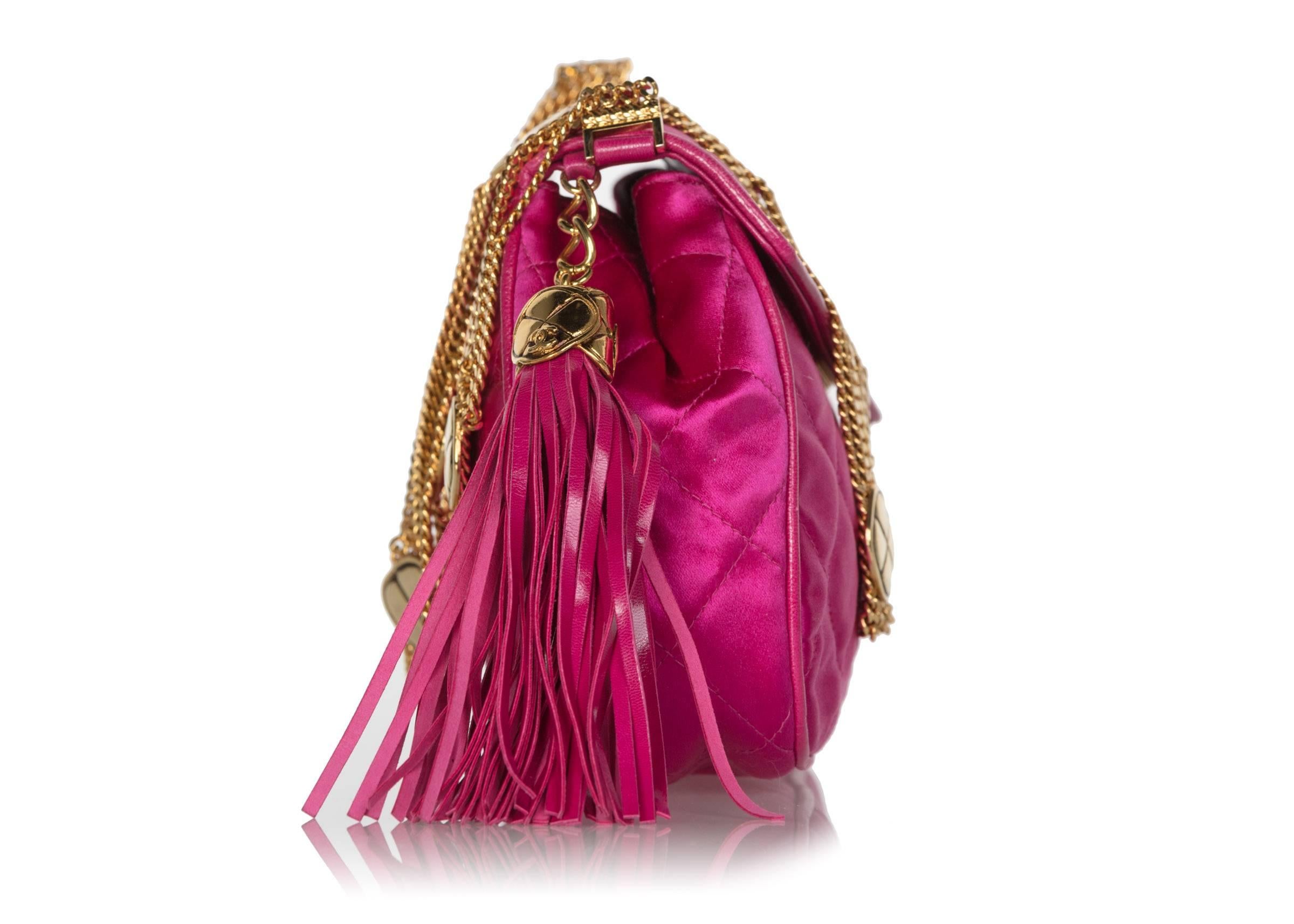 1990s Chanel Pink Quilted Satin Leather Gold Chain Tassel Shoulder Bag 4