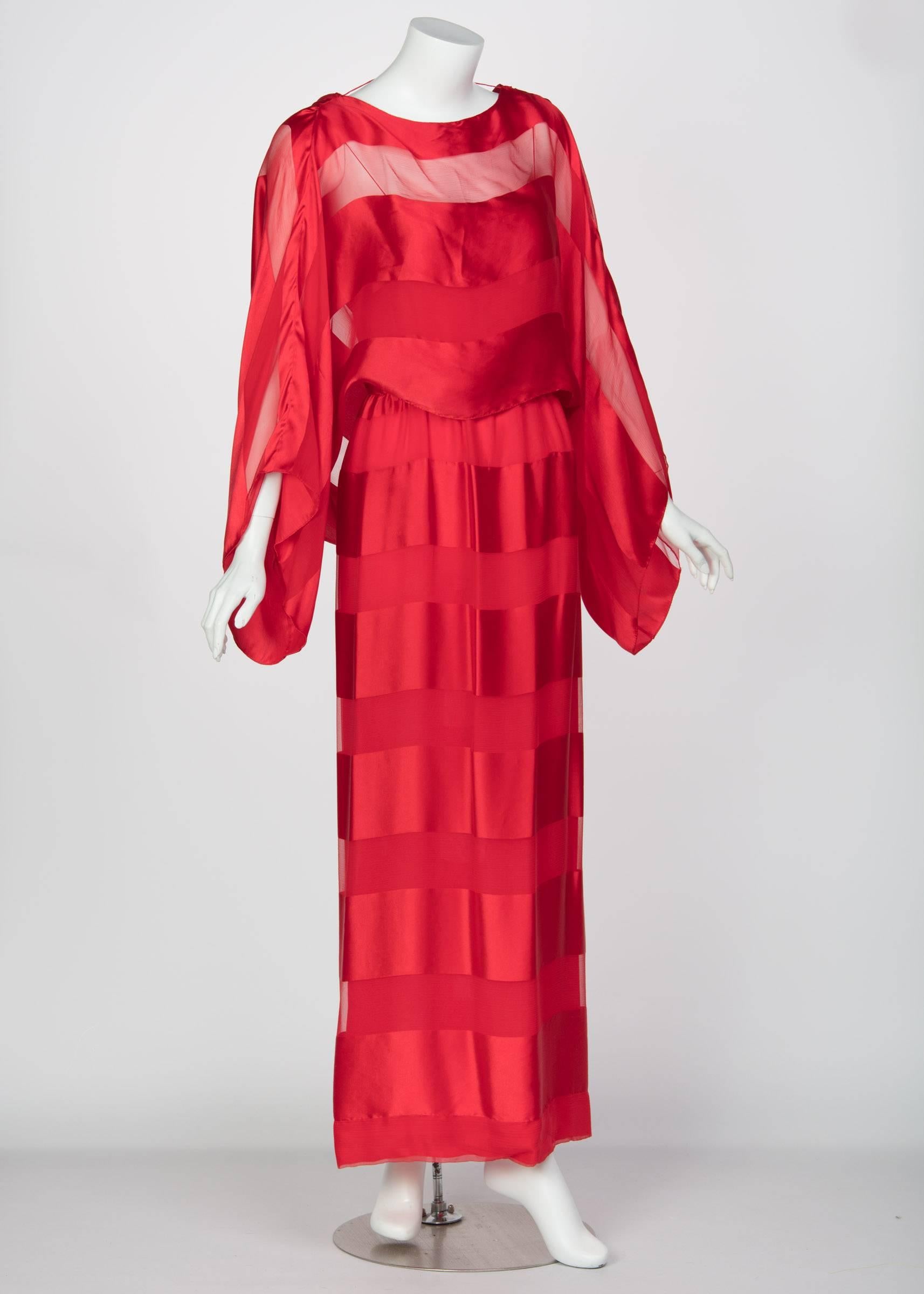 Bill Blass Red Silk Sheer Striped Maxi Column Dress Draped Overlay, 1970s  In Excellent Condition In Boca Raton, FL