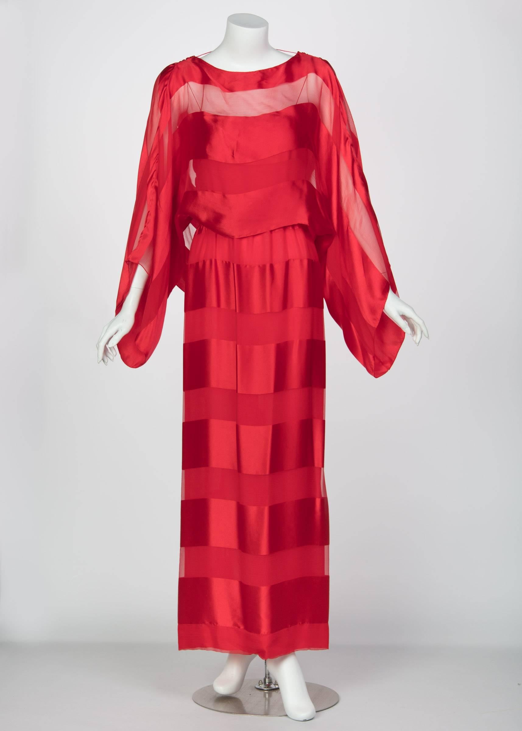 Women's Bill Blass Red Silk Sheer Striped Maxi Column Dress Draped Overlay, 1970s 