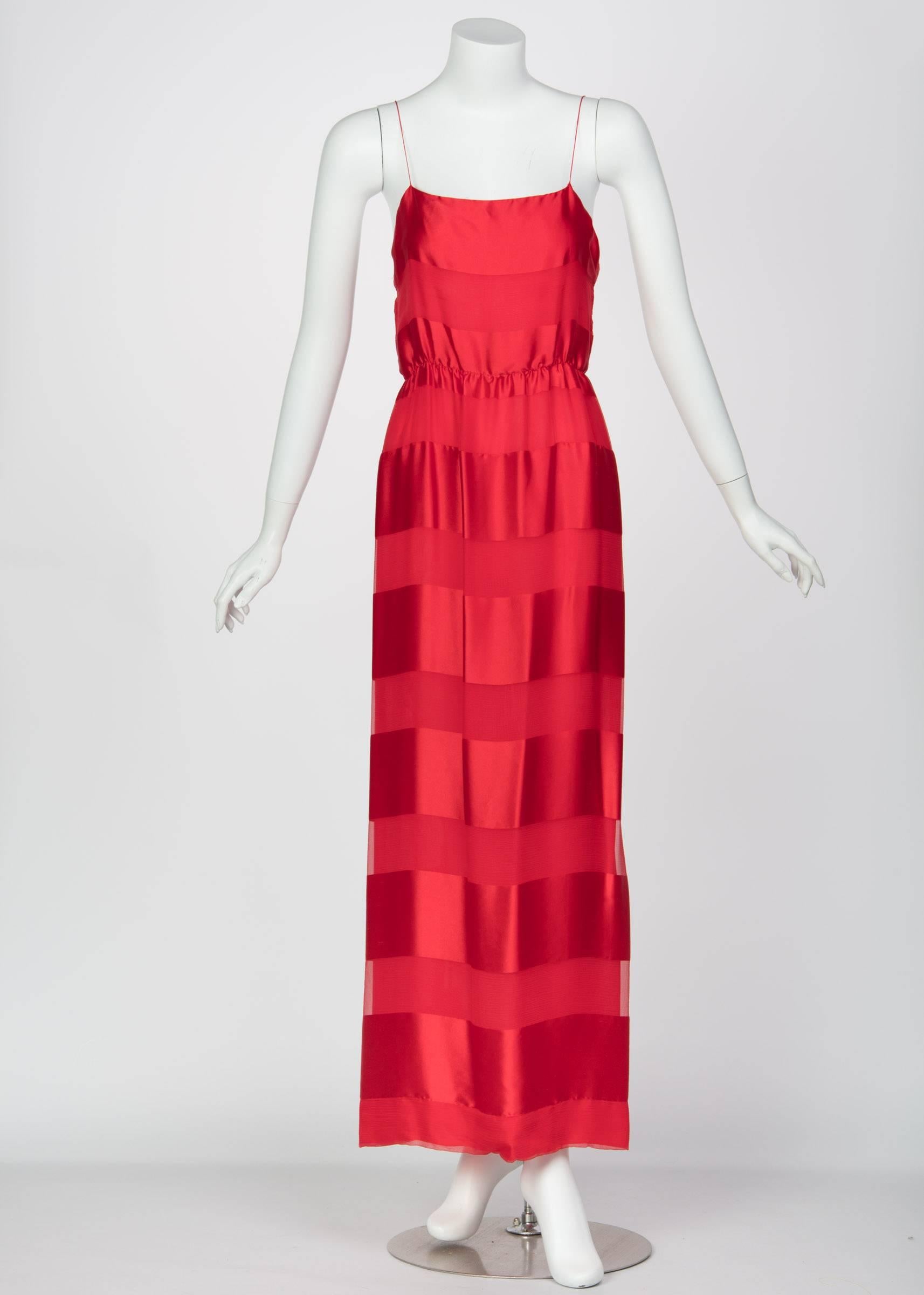 Bill Blass Red Silk Sheer Striped Maxi Column Dress Draped Overlay, 1970s  1