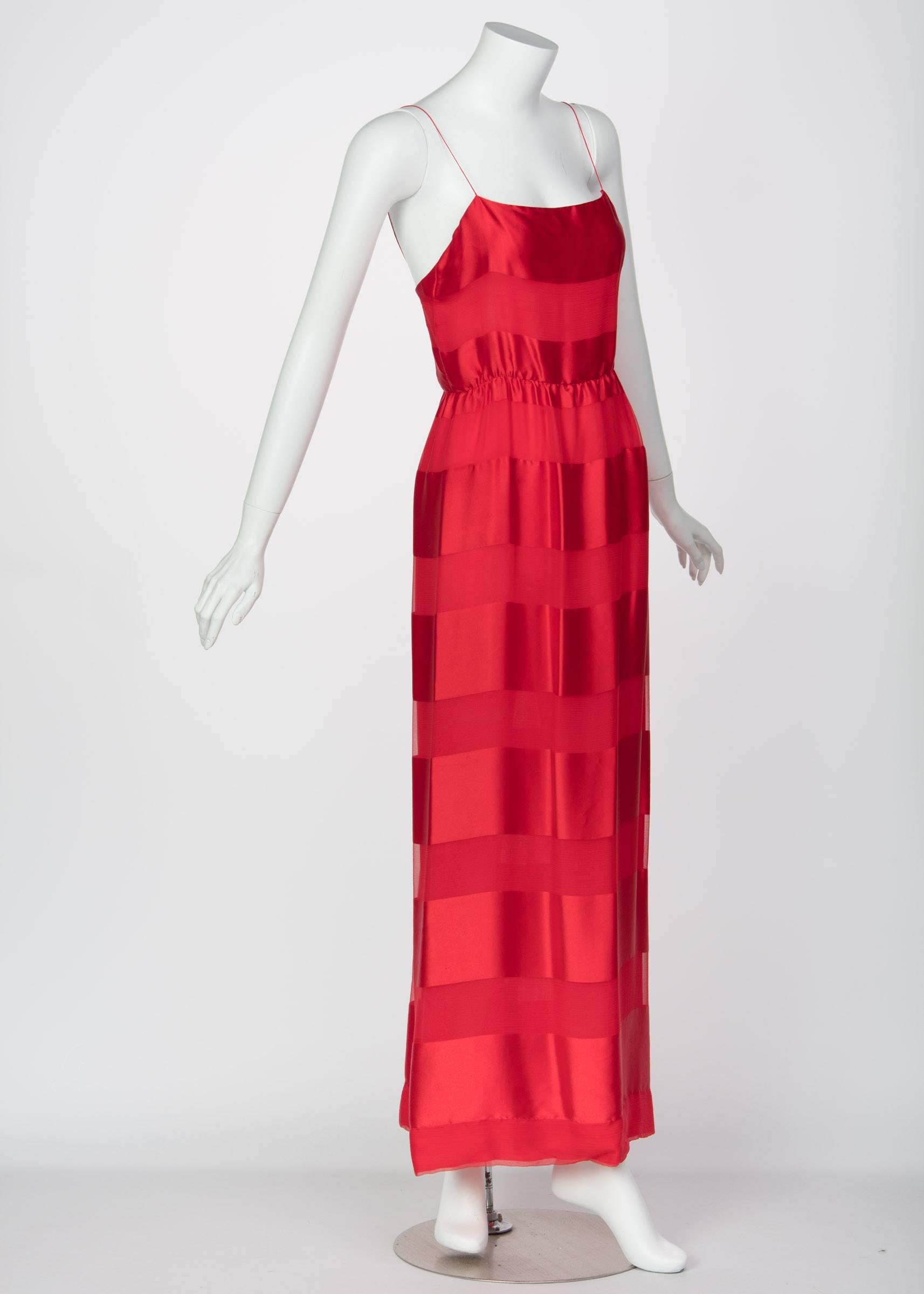 Bill Blass Red Silk Sheer Striped Maxi Column Dress Draped Overlay, 1970s  2