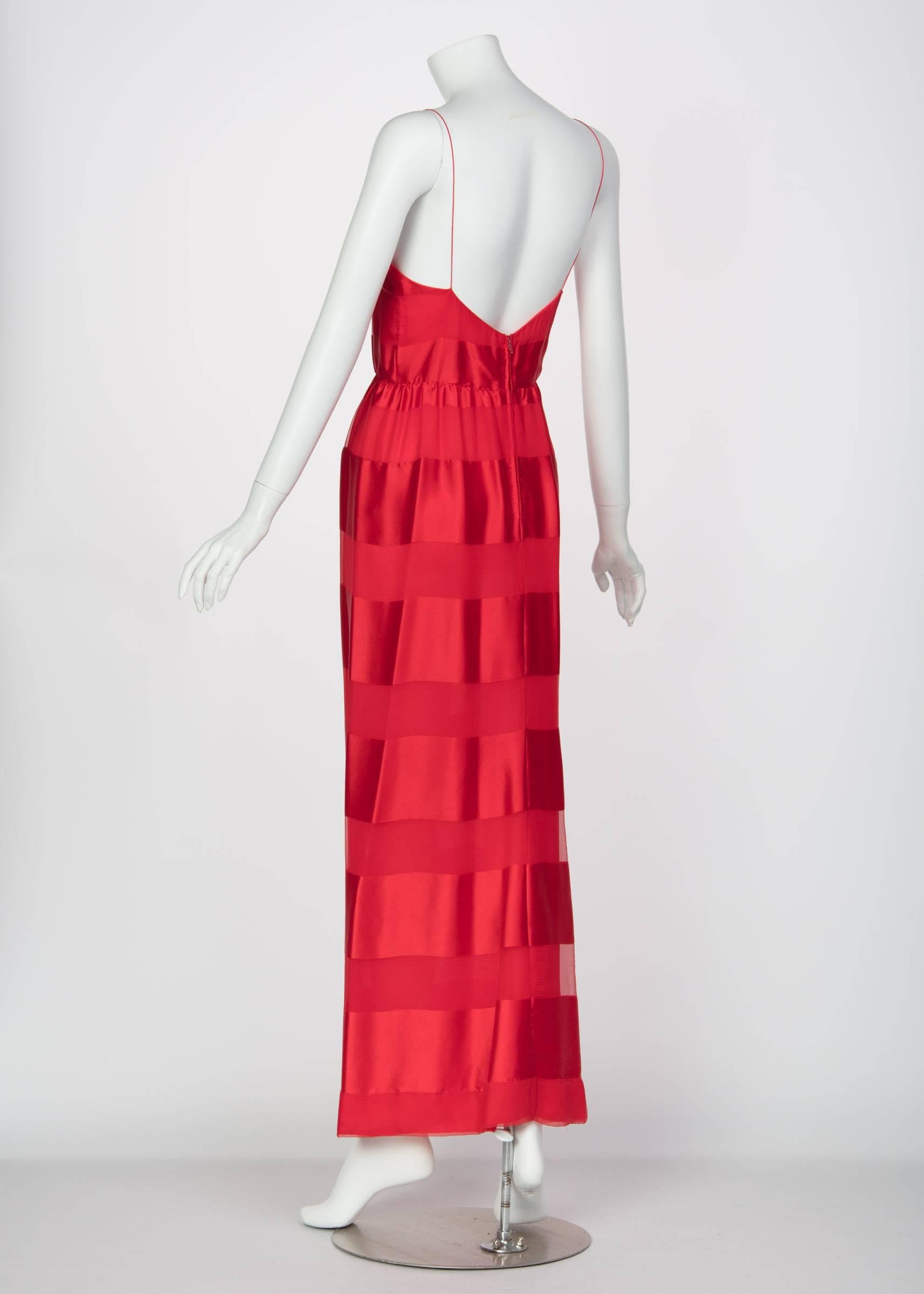 Bill Blass Red Silk Sheer Striped Maxi Column Dress Draped Overlay, 1970s  3