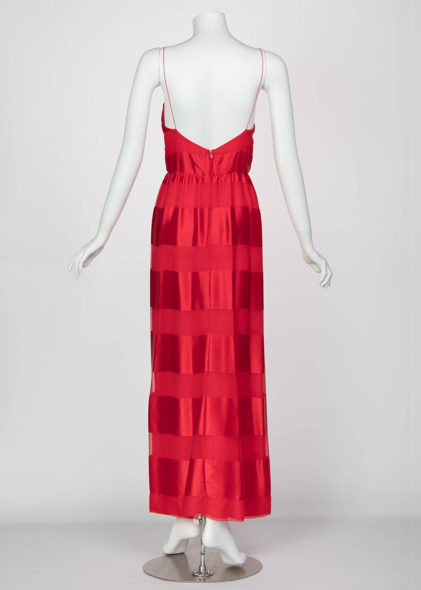 Bill Blass Red Silk Sheer Striped Maxi Column Dress Draped Overlay, 1970s  4