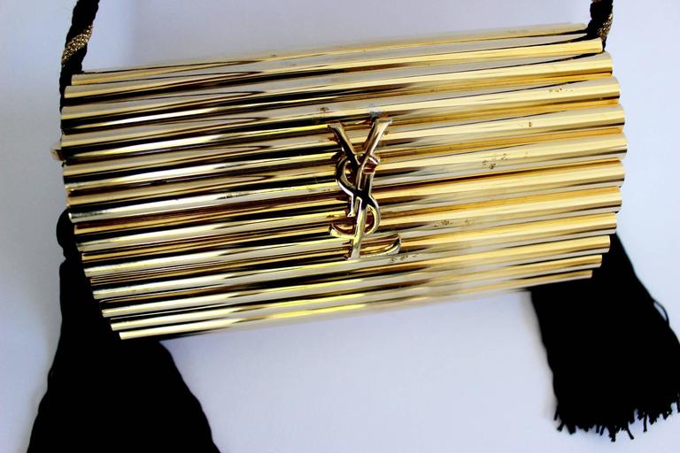 YSL Vintage Gold Metal Black Tassel Evening Bag / Clutch 1980s at