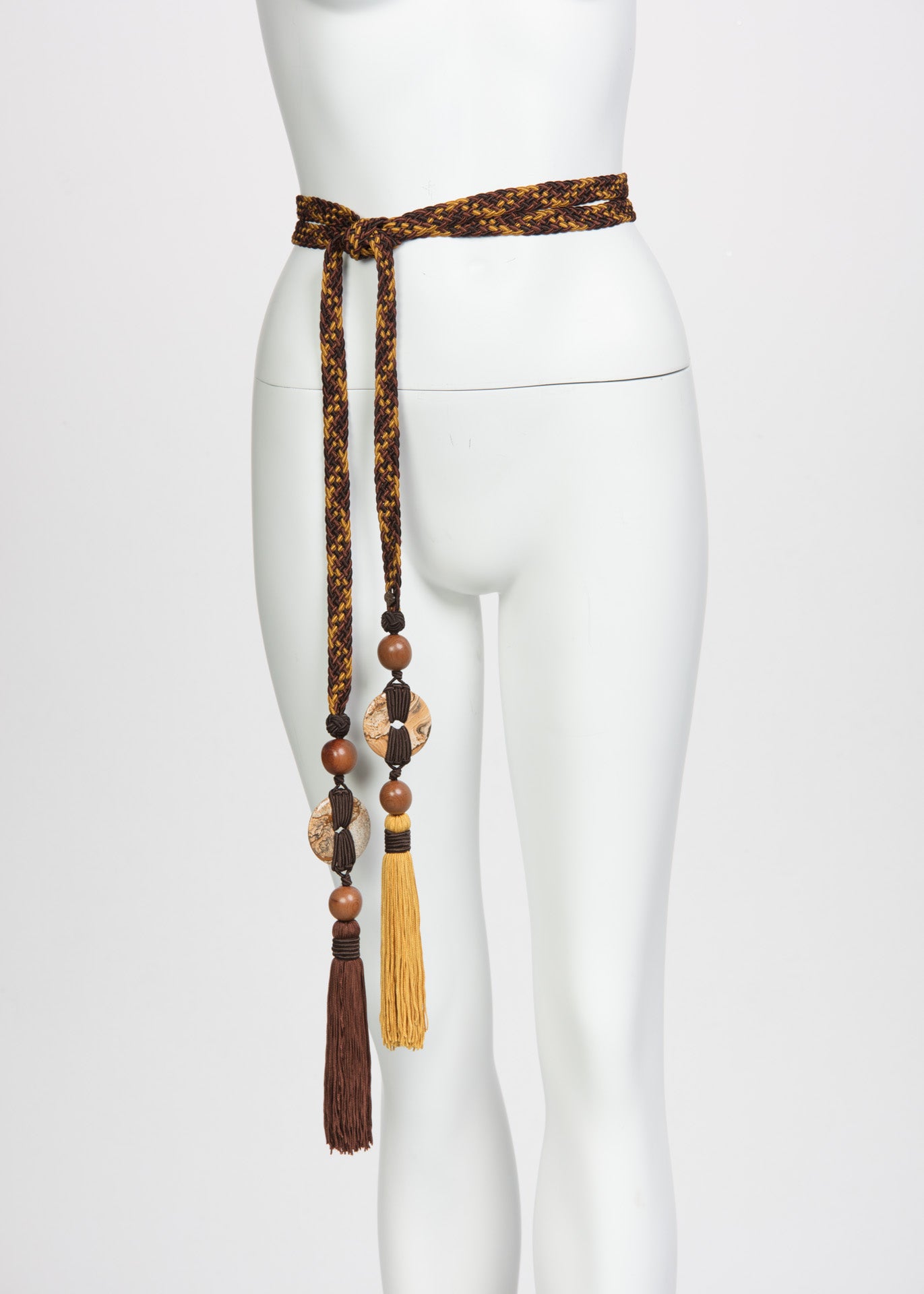 Yves Saint Laurent Brown Yellow Braided Tassel Belt Wood Agate Beads YSL Vintage For Sale