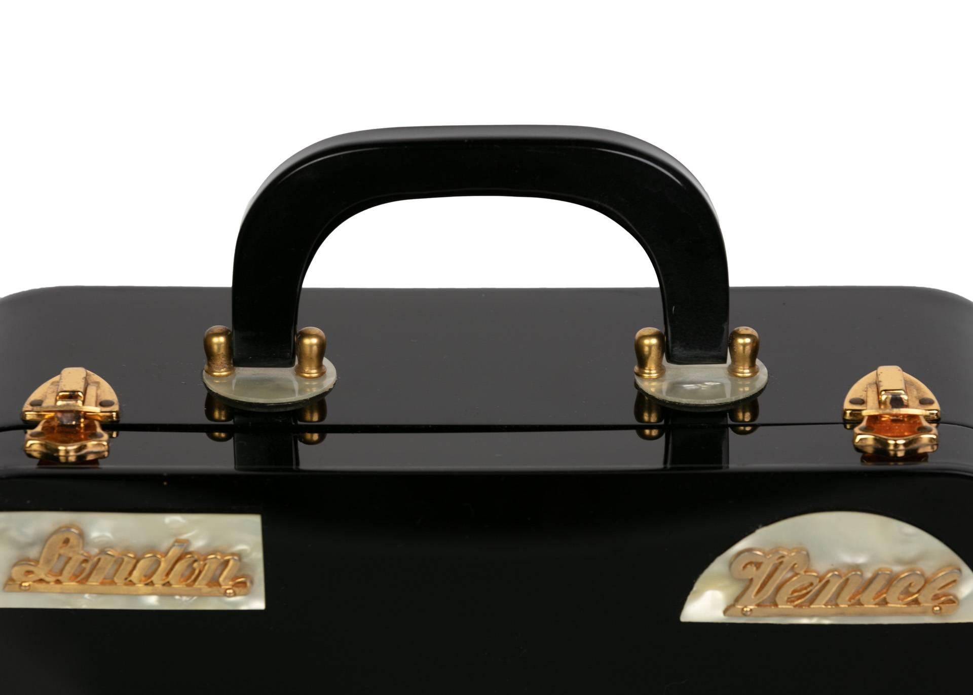 Wilardy Black Lucite Mother of Pearl and Gold Travel Destination Bag, 1950s  1