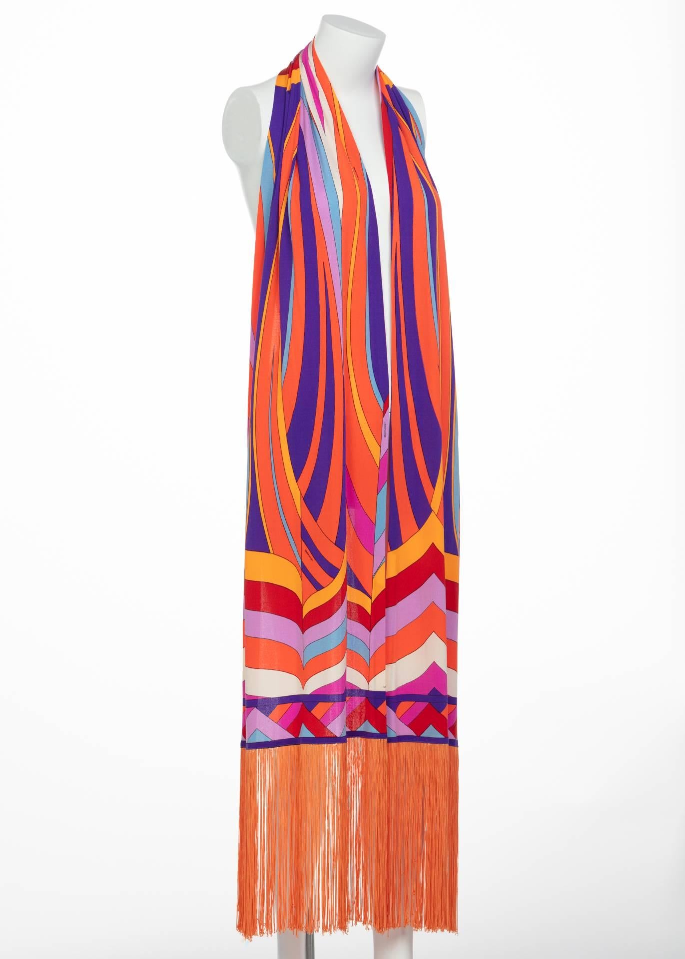 Leonard Paris Orange Multicolored Print Silk Jersey Fringe Shawl / Scarf, 1970s In Excellent Condition In Boca Raton, FL