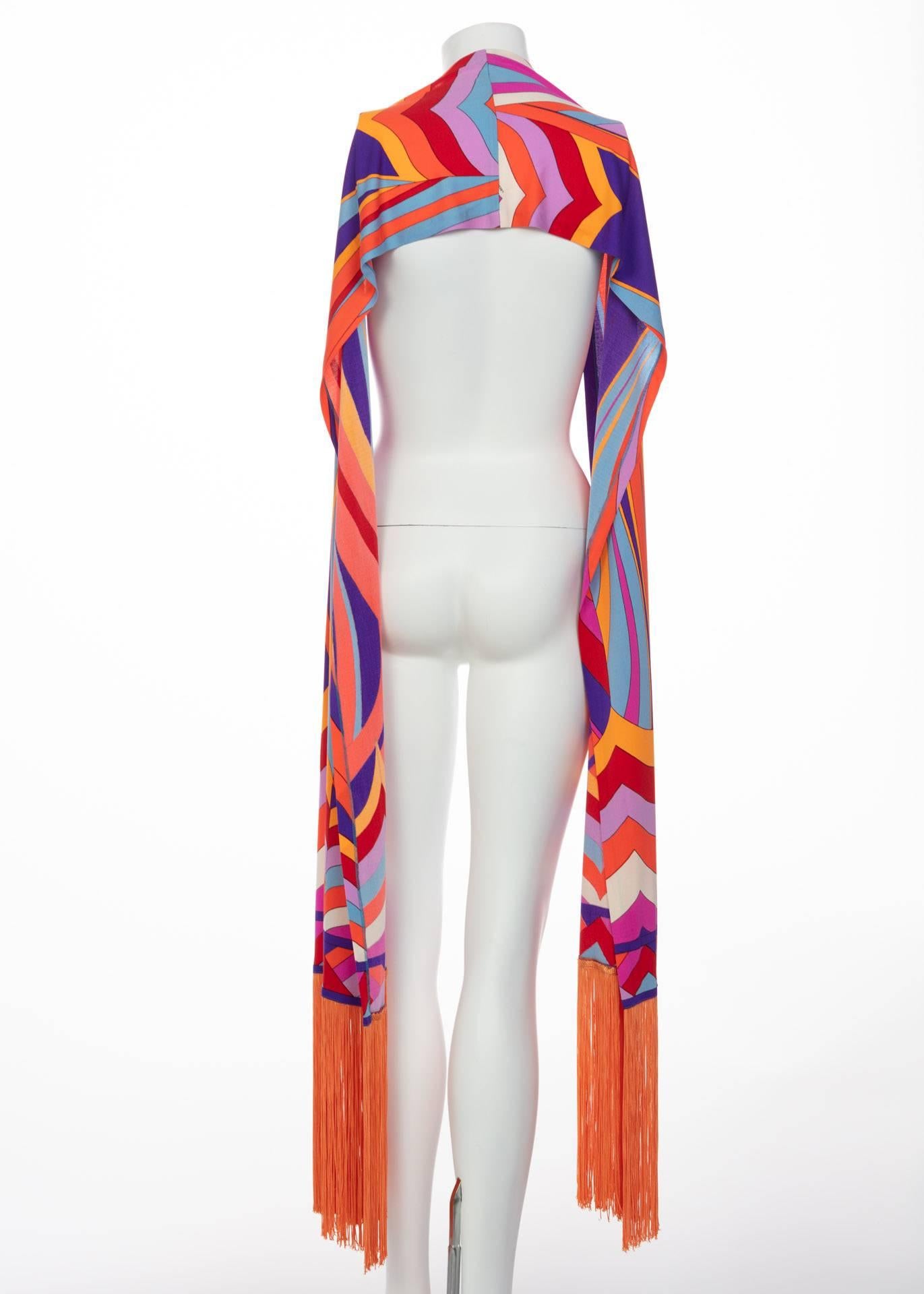 Women's Leonard Paris Orange Multicolored Print Silk Jersey Fringe Shawl / Scarf, 1970s