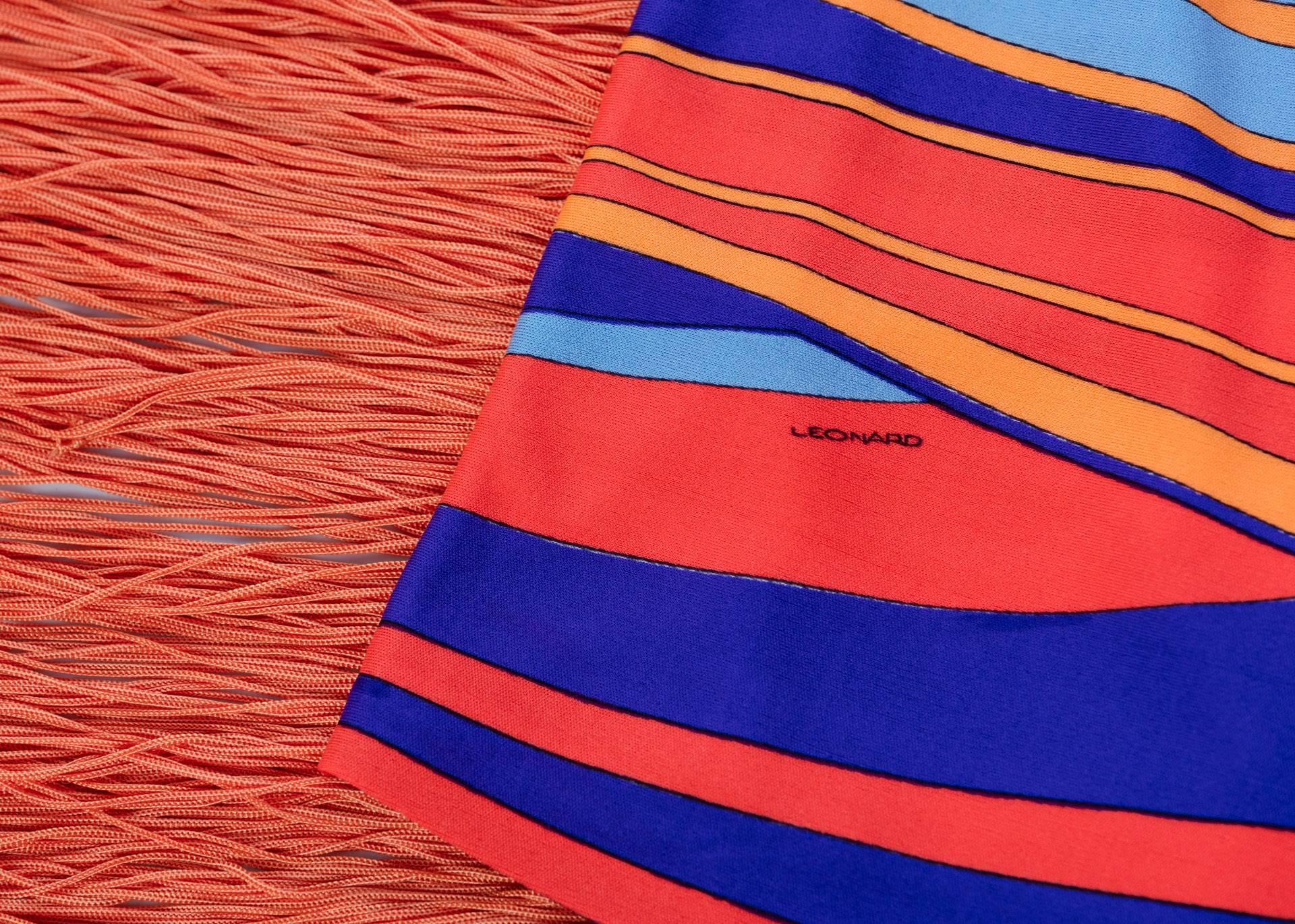 Leonard Paris Orange Multicolored Print Silk Jersey Fringe Shawl / Scarf, 1970s 3