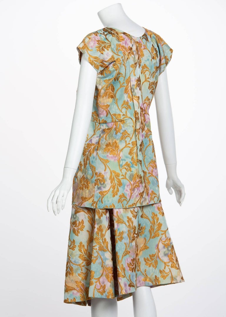 2000s Marni Gold Leaf Turquoise Lilac Watercolor Brocade Gold Top and ...