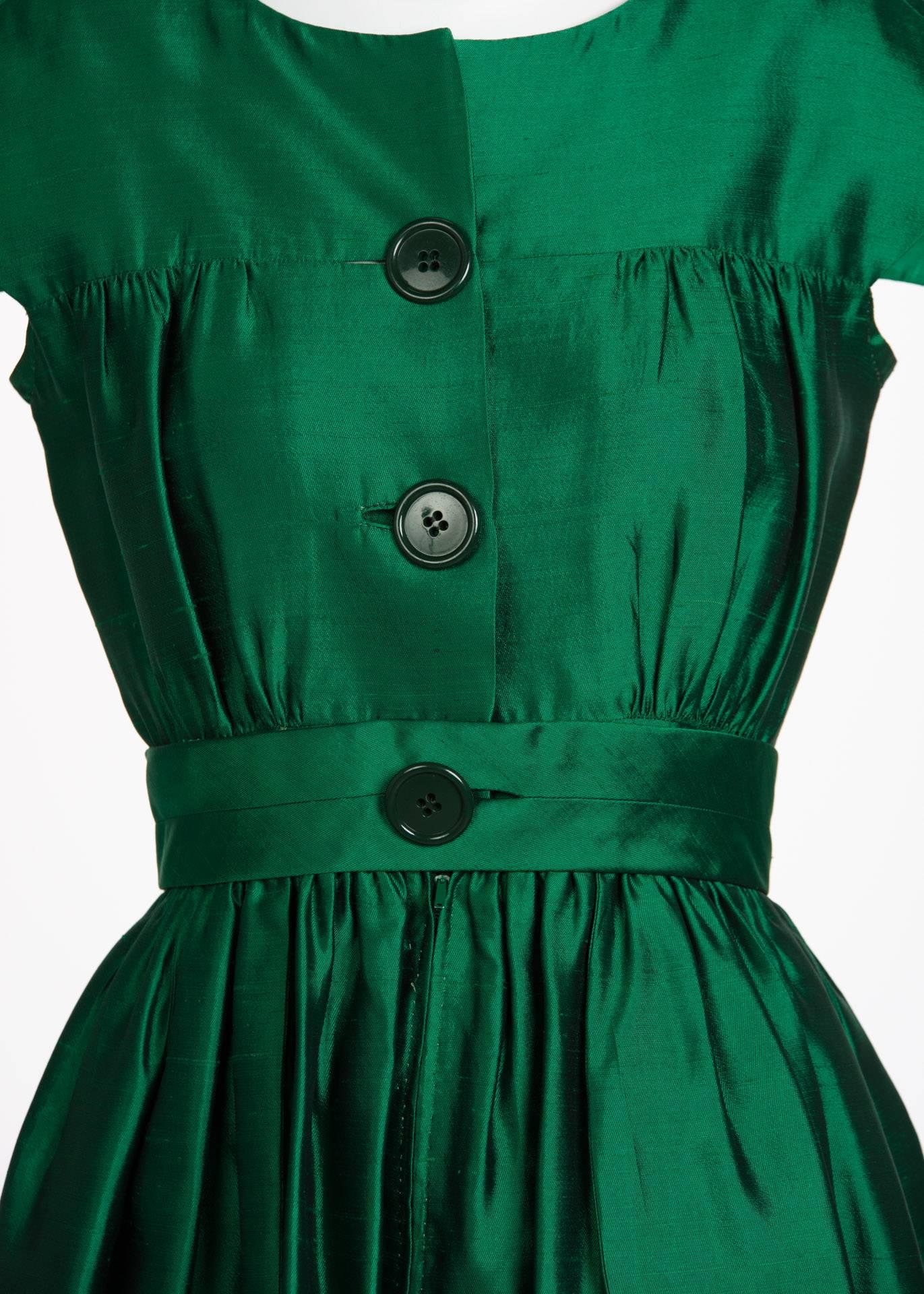 Women's 1950s Henri Bendel Emerald Green Silk Belted Full Skirt Cocktail Dress