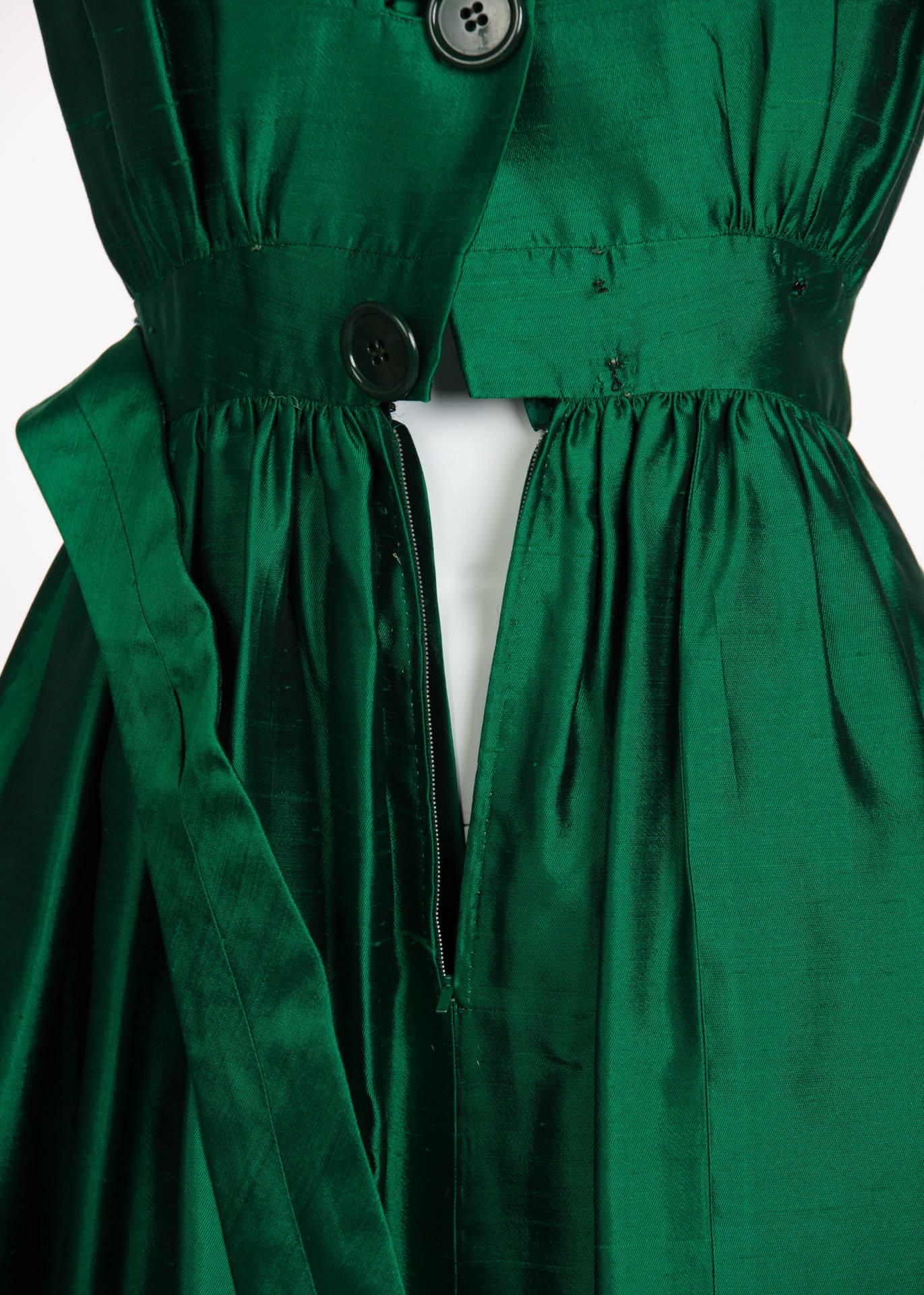 1950s Henri Bendel Emerald Green Silk Belted Full Skirt Cocktail Dress 1