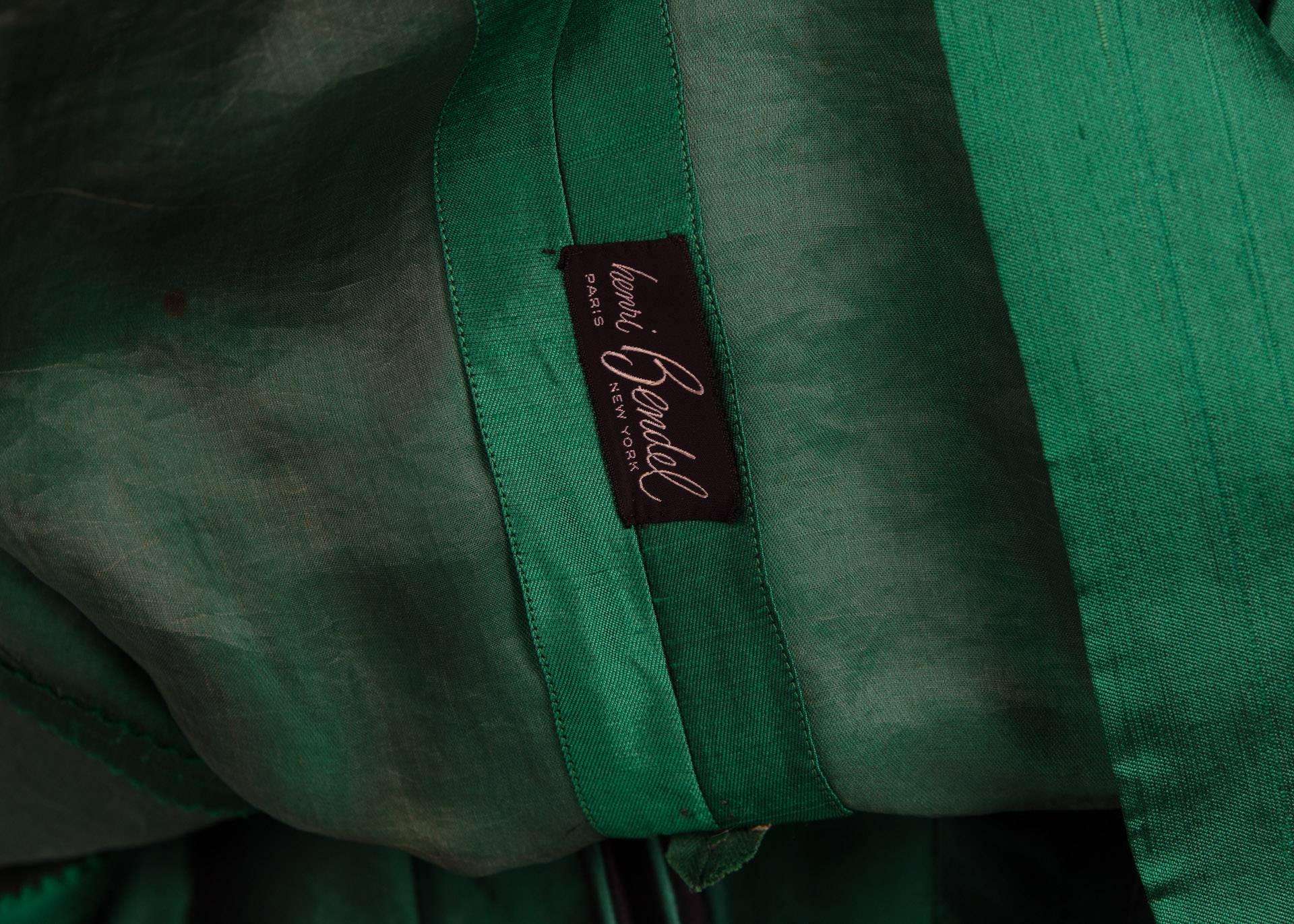 1950s Henri Bendel Emerald Green Silk Belted Full Skirt Cocktail Dress 2